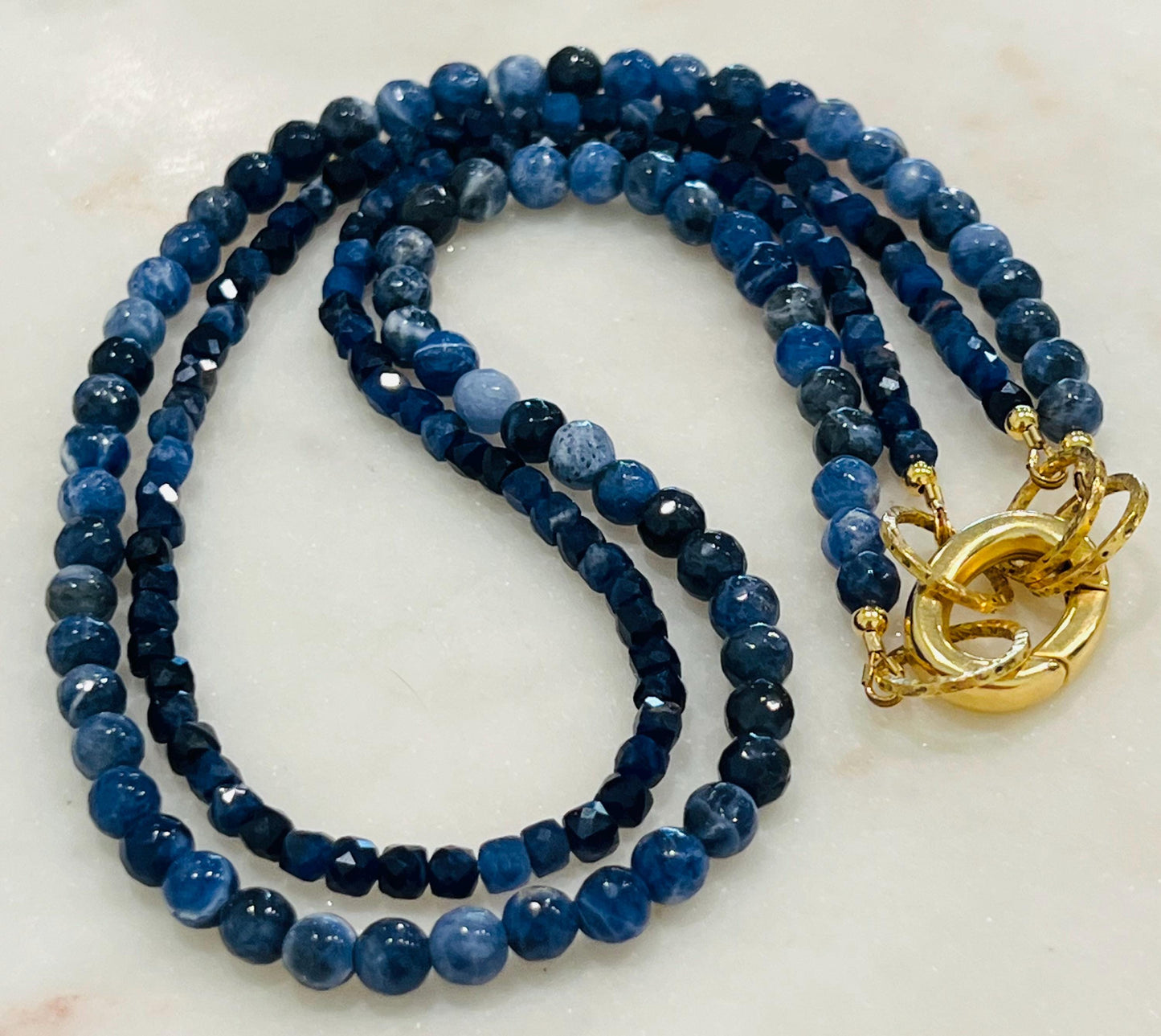 Sodalite Beaded Necklace Double Strand Gold Plated Spring Clasp Carabiner Convertible Semi-Precious Gemstone Necklace Boho Blue Beaded