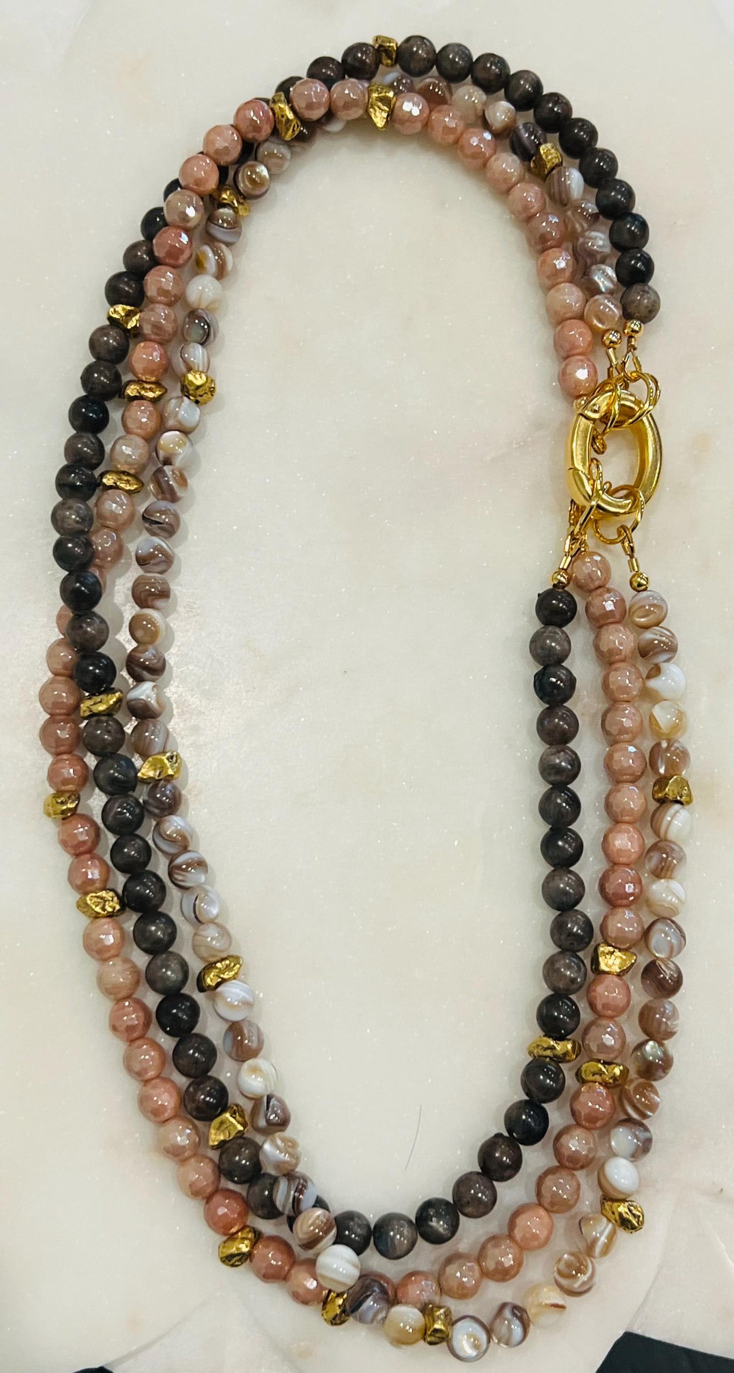 Mystic Moonstone, Bronzite, and Mother of Pearl Beaded 3 Strand Necklace