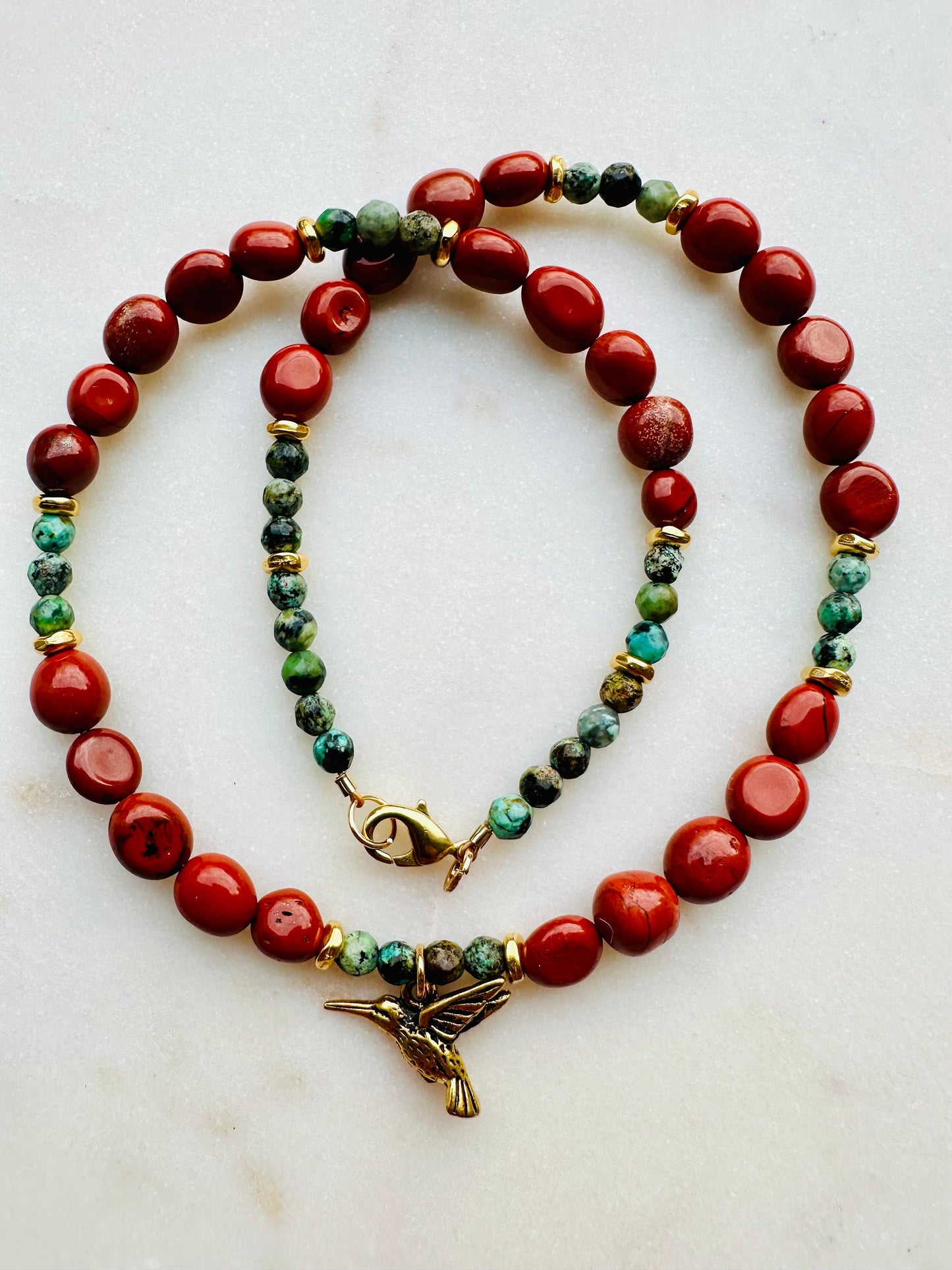 Red Jasper and Turquoise Beaded Necklace with Gold Hummingbird Pendant Gold Plated Clasp Beaded Bird Necklace Natural Gemstone Necklace