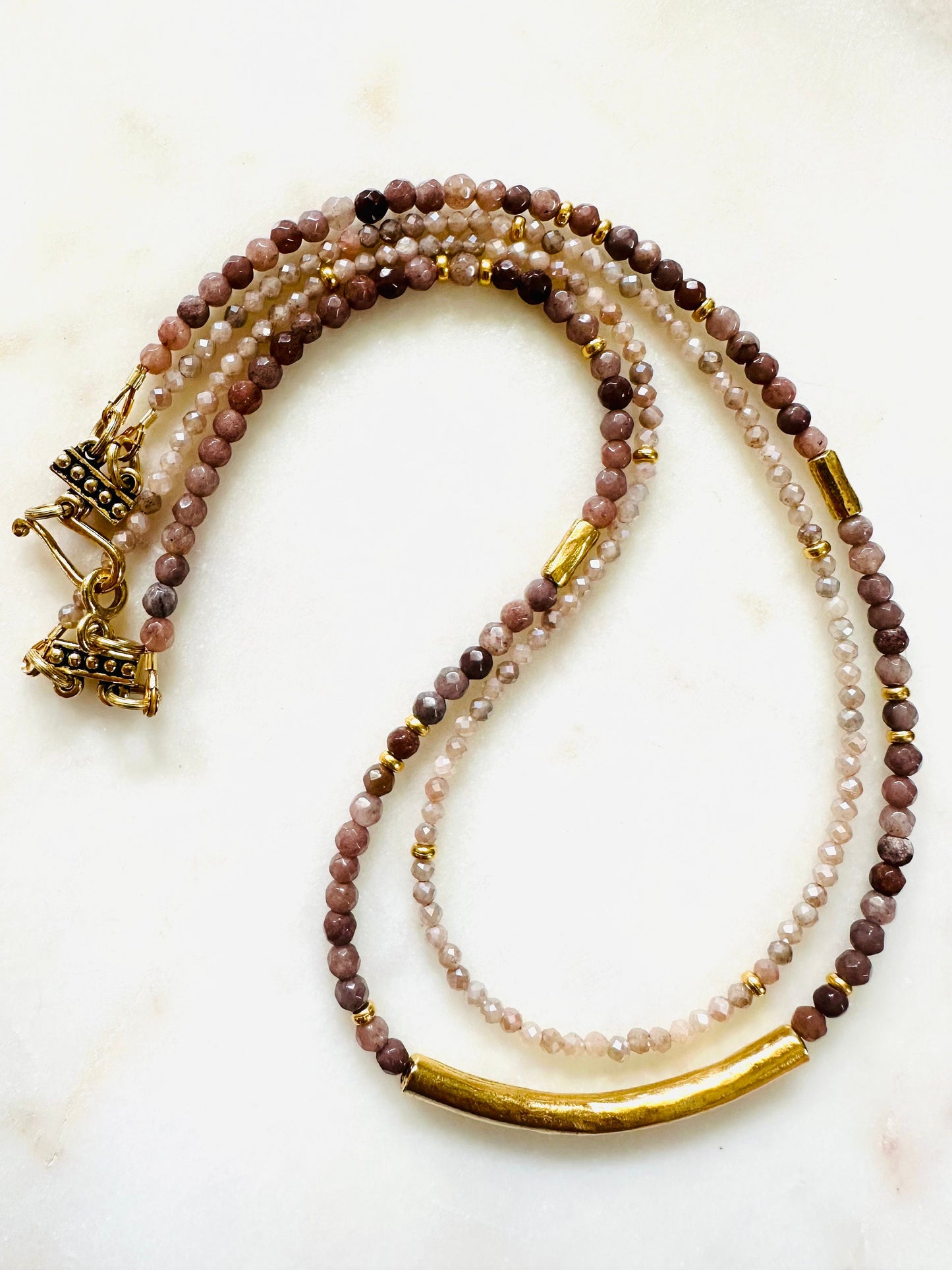 Mystic Moonstone Aventurine Double Strand Beaded Necklace Non-Tarnish Gold Plated Pewter Hook and Eye Clasp 2 Strand Layering Necklace