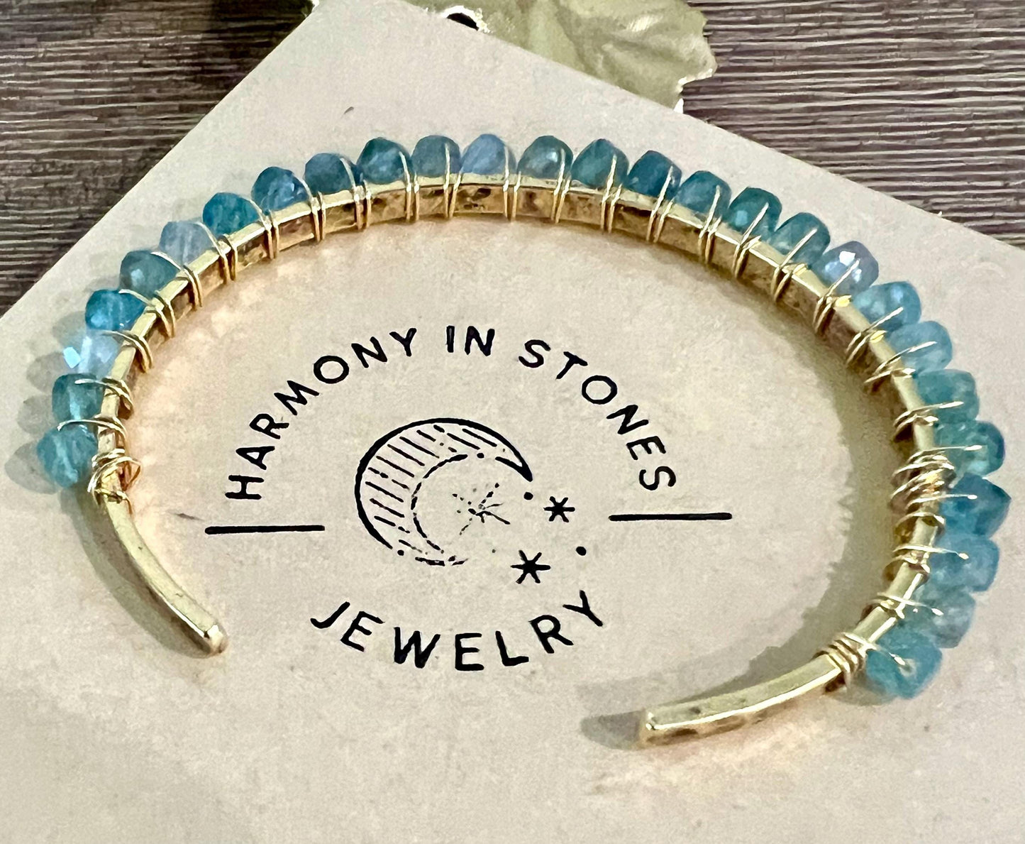 Blue Apatite Beaded Wrap Bracelet Light Blue Stones on Non-Tarnish Gold Plated Pewter Hammered Cuff 4mm Cubed Stones Bohemian Jewelry Boho