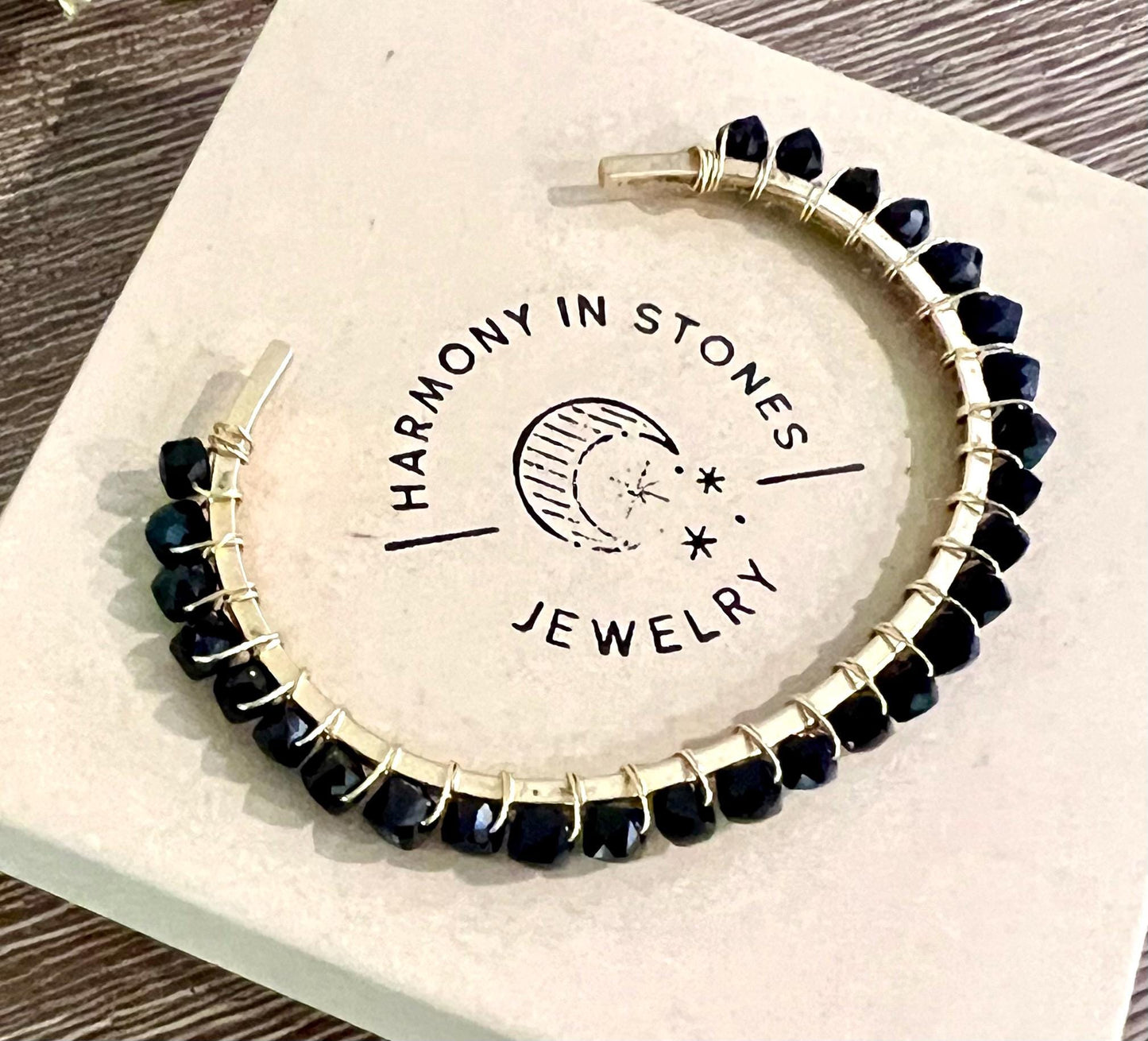 Black Tourmaline Beaded Wrap Bracelet Black Beads on Non-Tarnish Gold Plated Pewter Cuff 4mm Cubed Tourmaline Stones Bohemian Jewelry Boho