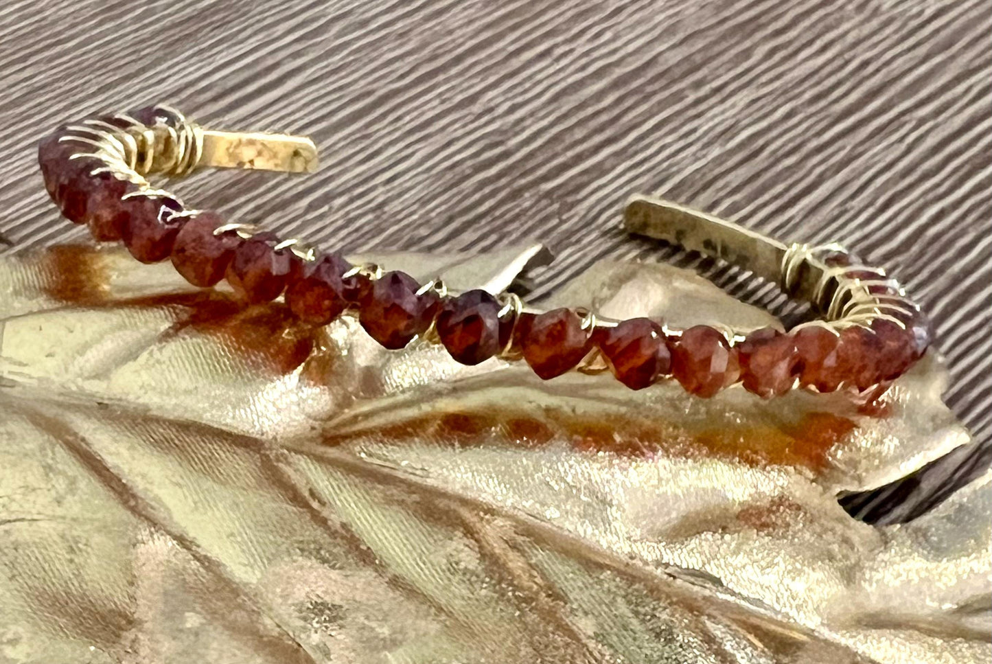 Hessonite Beaded Wrap Bracelet Orange Garnet Stones on Non-Tarnish Gold Plated Pewter Hammered Cuff 4mm Cubed Stones Bohemian Jewelry Boho