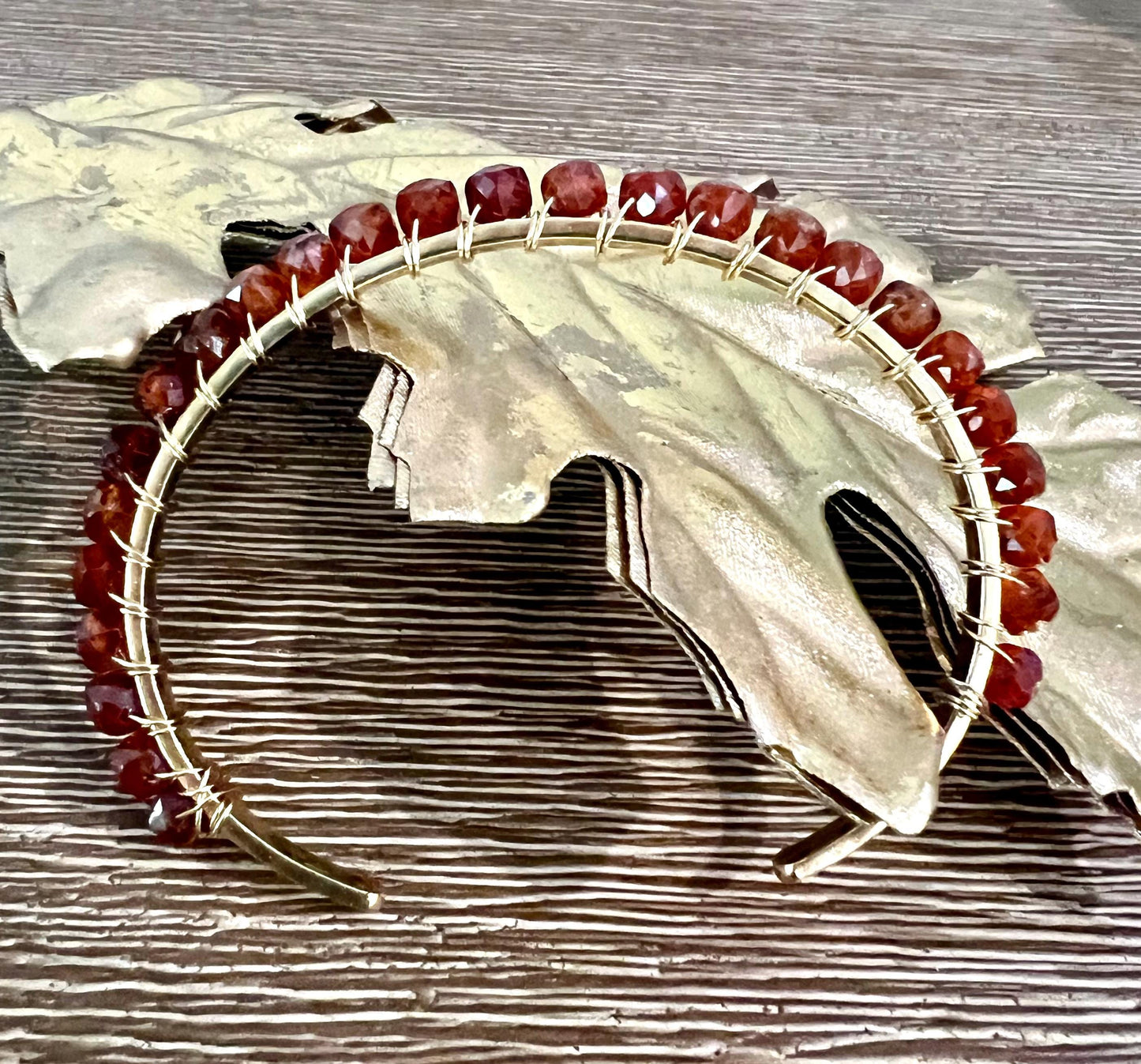 Hessonite Beaded Wrap Bracelet Orange Garnet Stones on Non-Tarnish Gold Plated Pewter Hammered Cuff 4mm Cubed Stones Bohemian Jewelry Boho