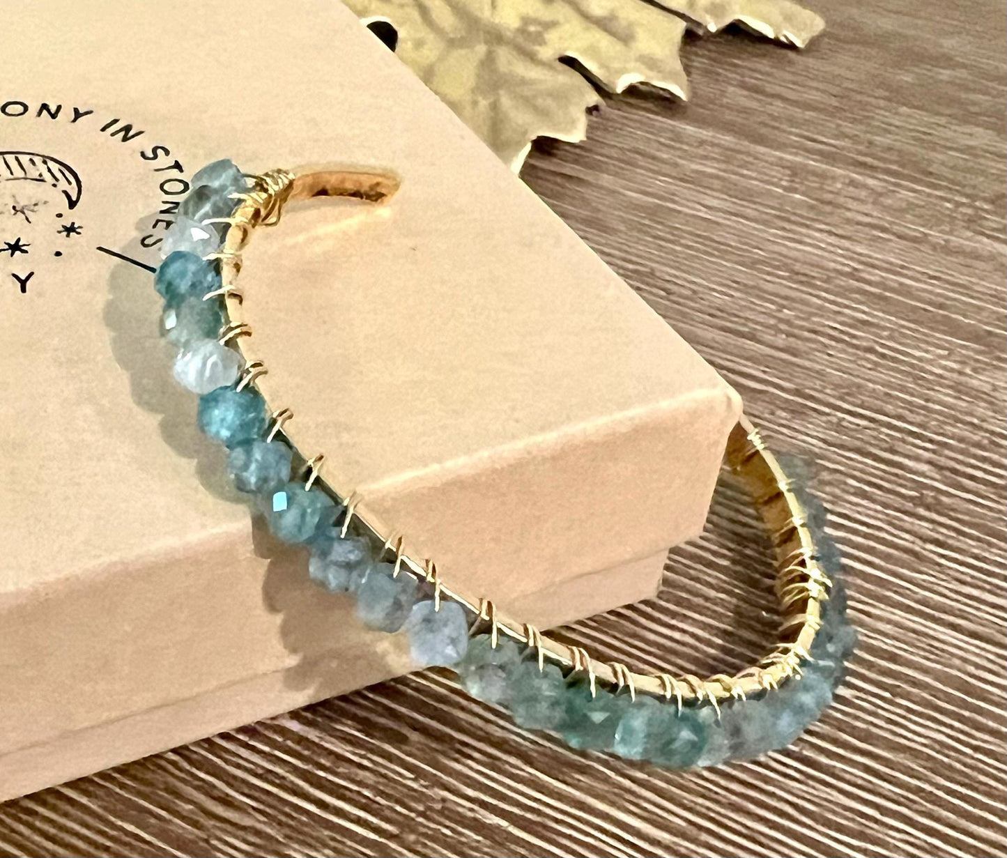 Blue Apatite Beaded Wrap Bracelet Light Blue Stones on Non-Tarnish Gold Plated Pewter Hammered Cuff 4mm Cubed Stones Bohemian Jewelry Boho