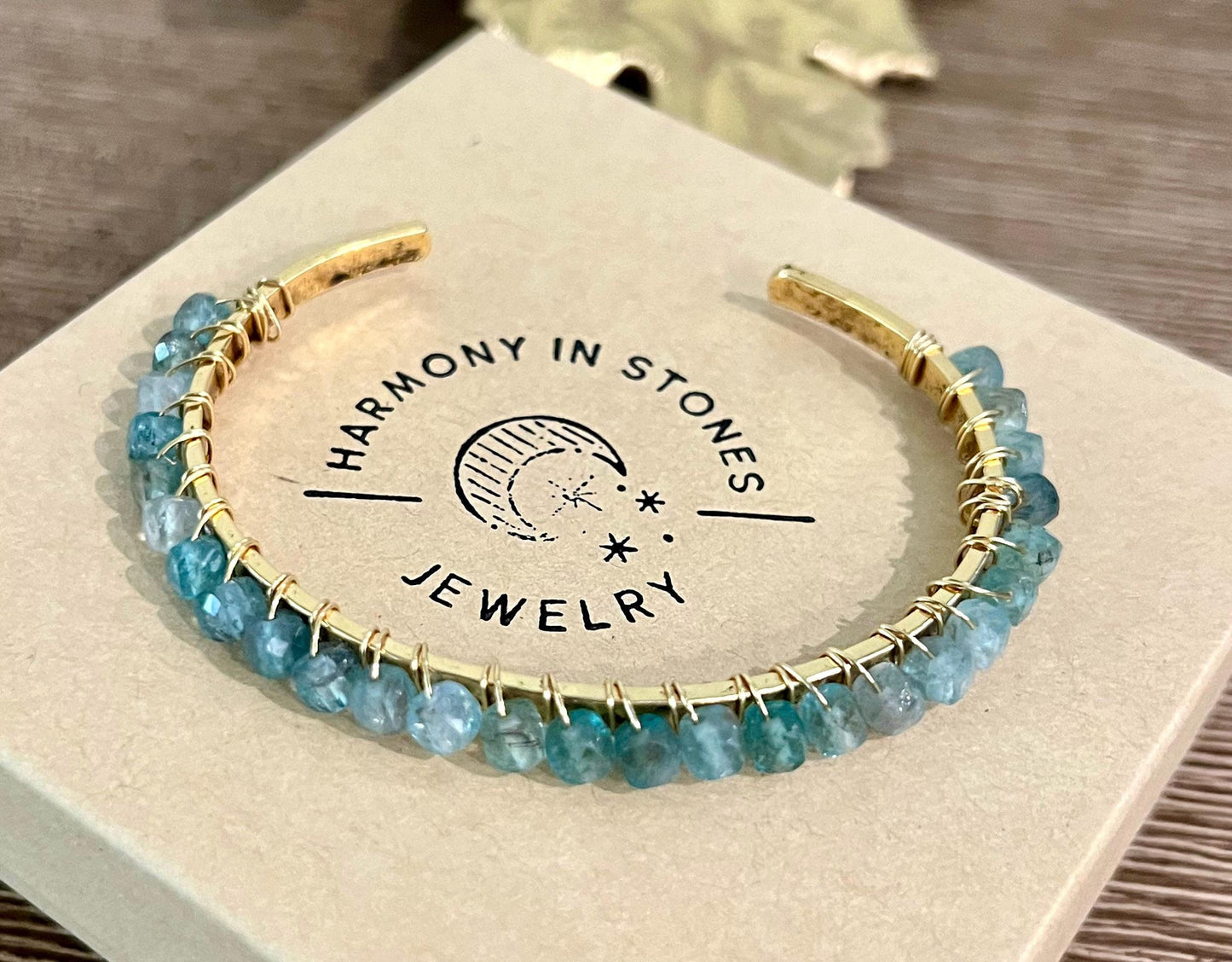 Blue Apatite Beaded Wrap Bracelet Light Blue Stones on Non-Tarnish Gold Plated Pewter Hammered Cuff 4mm Cubed Stones Bohemian Jewelry Boho