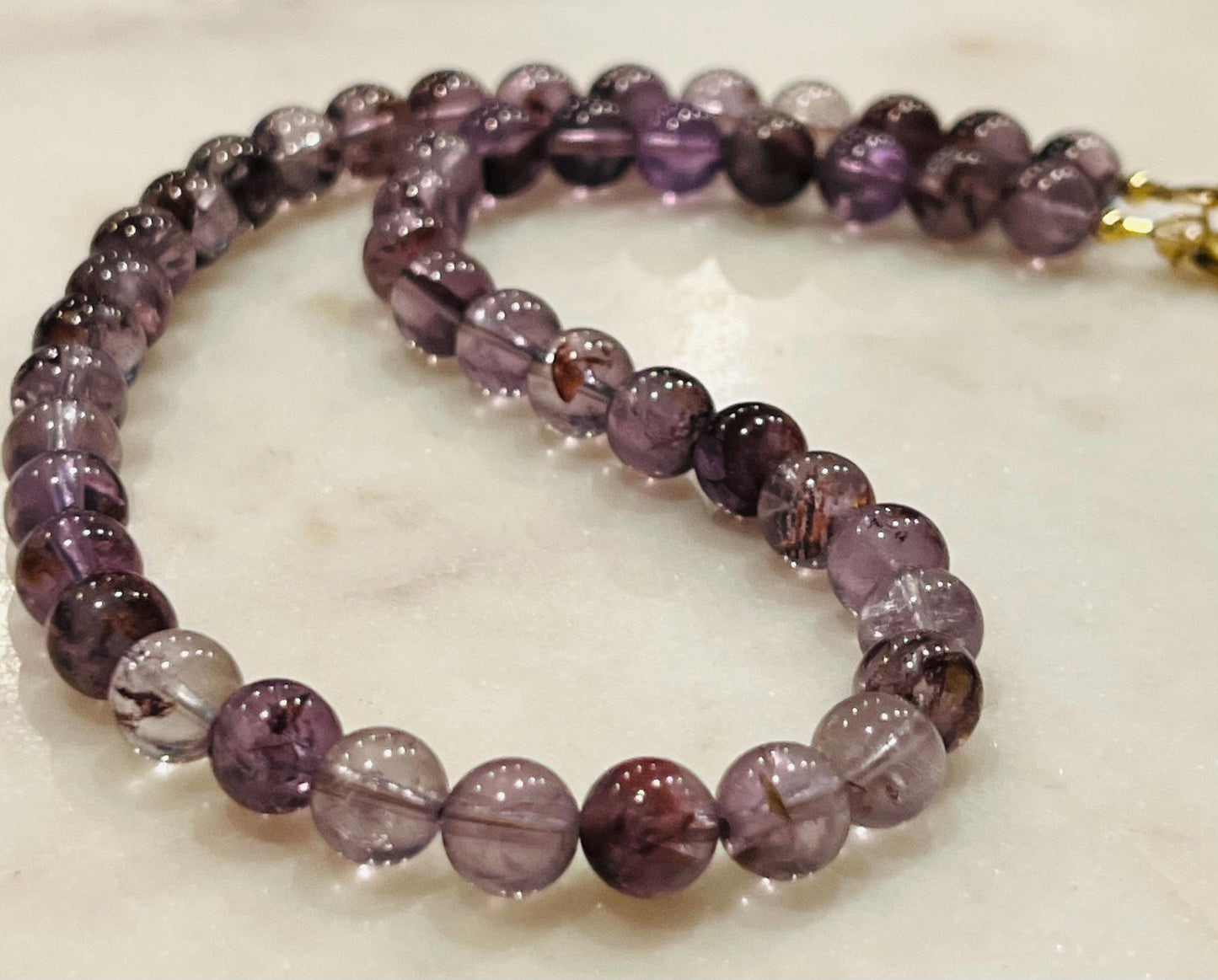 Amethyst Beaded Necklace Super 7 Cacoxenite Purple Phantom Beaded Necklace 18k Gold Filled Clasp Natural Semi-Precious Gemstone Necklace