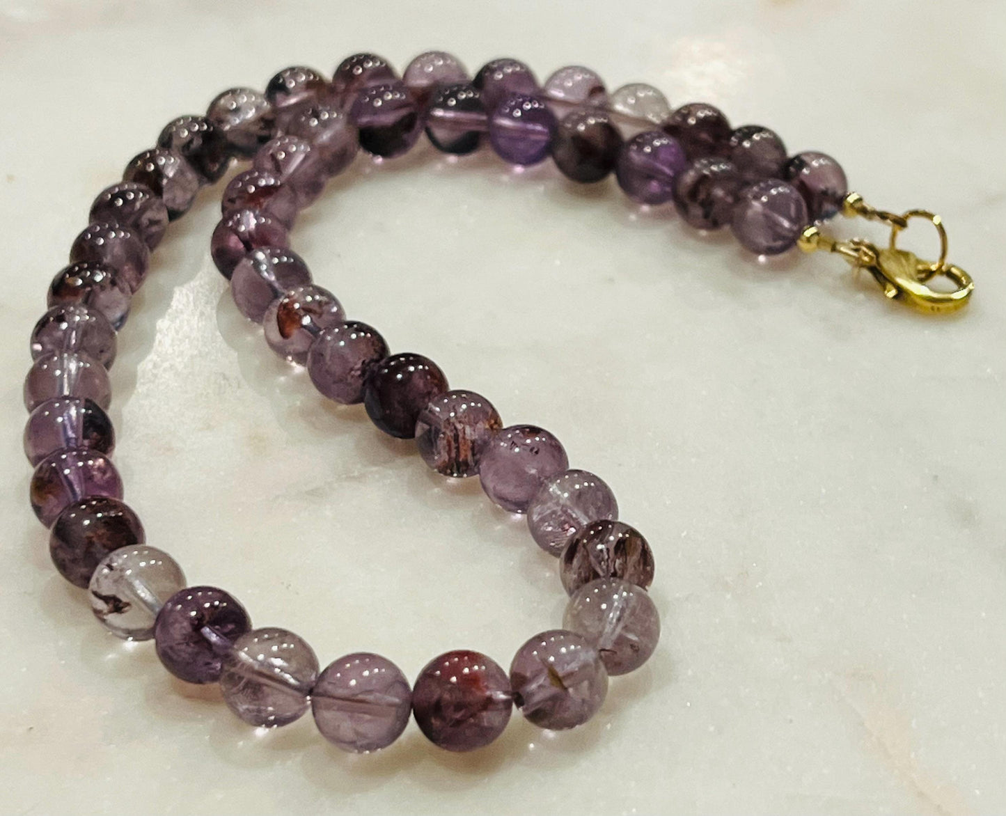 Amethyst Beaded Necklace Super 7 Cacoxenite Purple Phantom Beaded Necklace 18k Gold Filled Clasp Natural Semi-Precious Gemstone Necklace