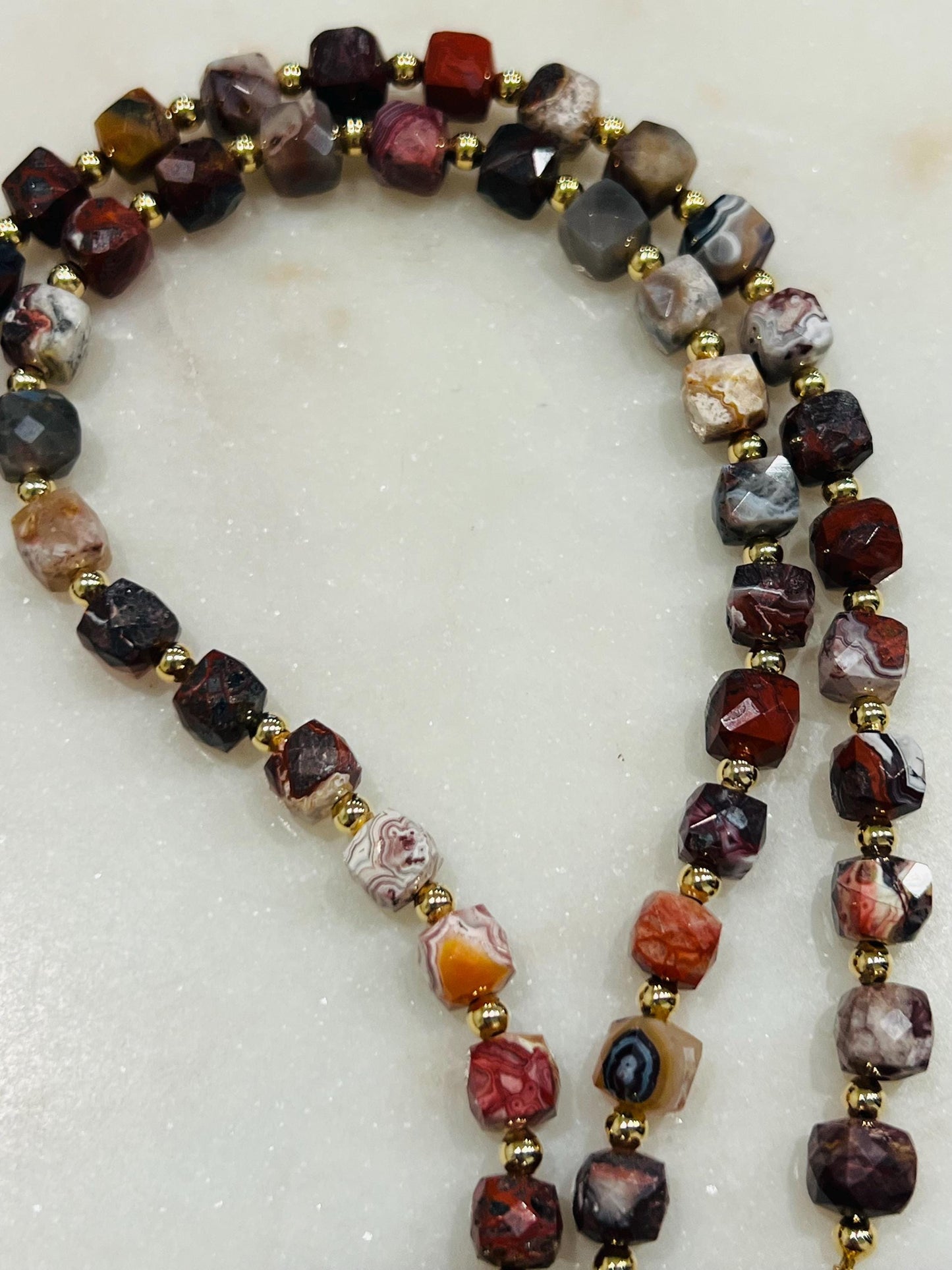 Mexican Crazy Lace Agate Necklace: 18k Gold Filled Clasp & Beads