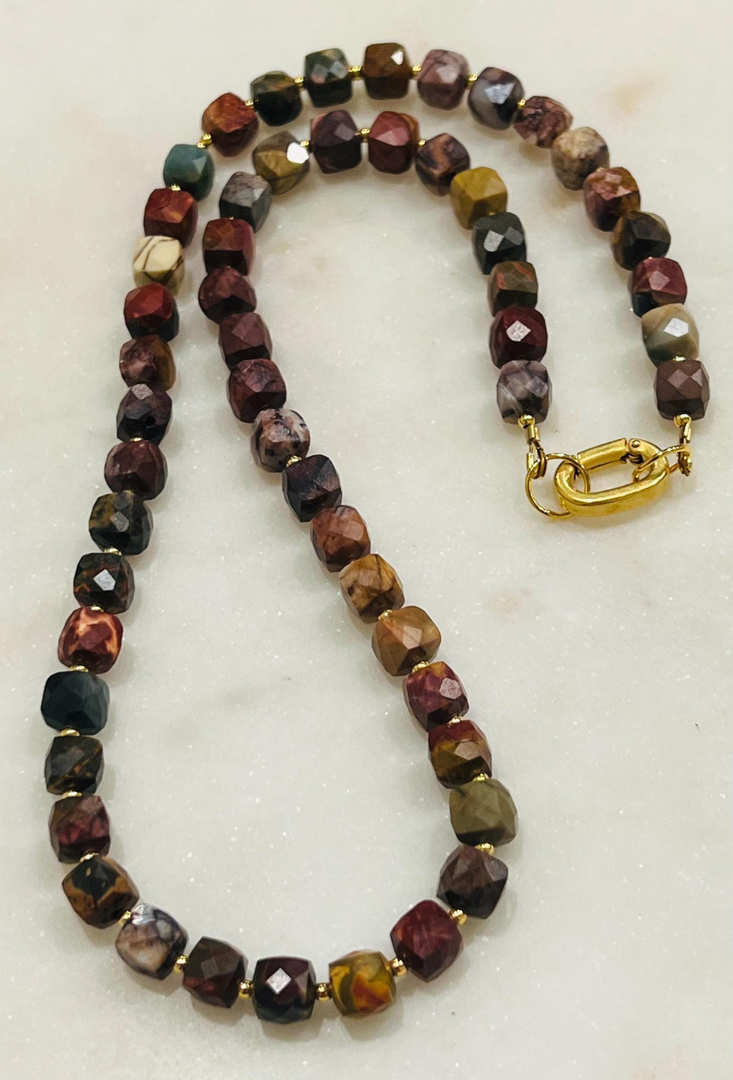 Red Creek Jasper Beaded Necklace Gold Plated Spring Carabiner Clasp Natural Semi-Precious Gemstones Necklace 7mm Cubed Faceted Jasper Stones