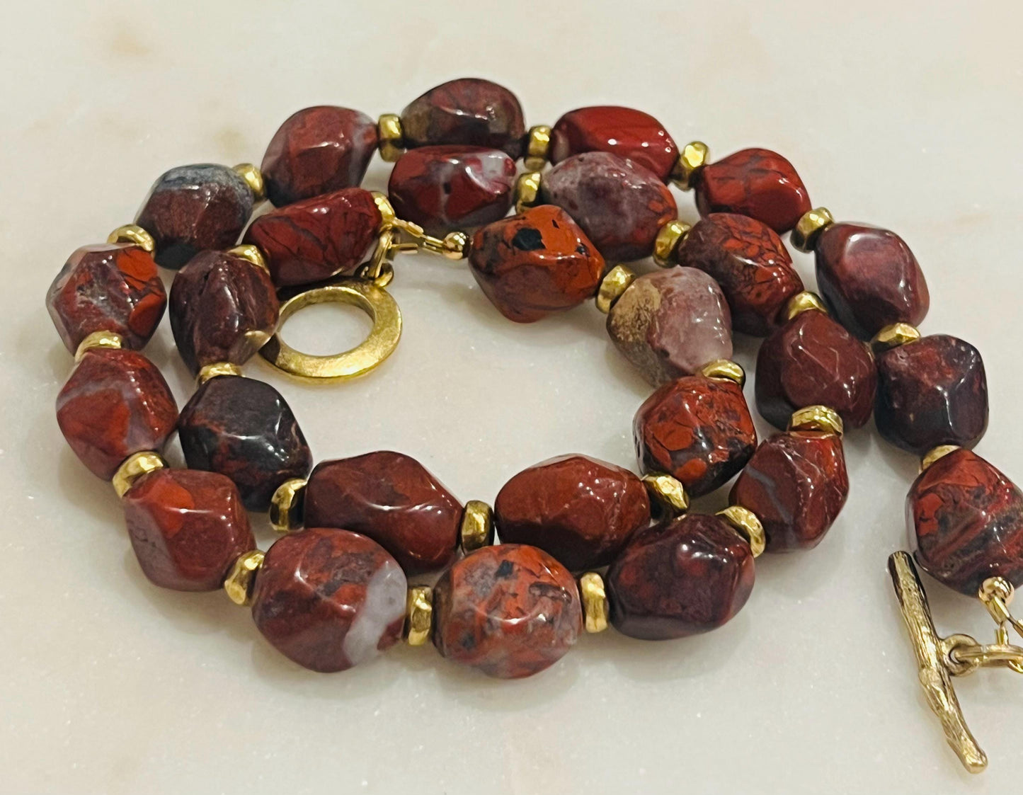 Red Jasper Beaded Necklace Large Faceted Beads Semi-Precious Beaded Necklace Large Red Poppy Stones with Gold Plated Pewter Easy Toggle