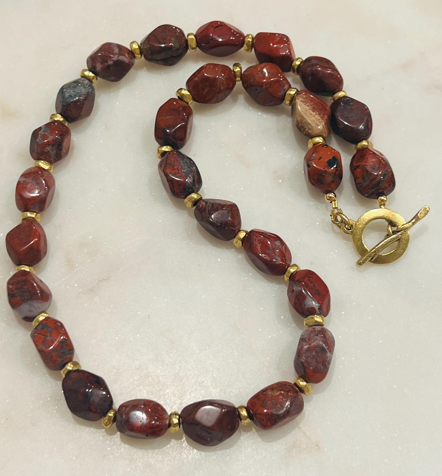Red Jasper Beaded Necklace Large Faceted Beads Semi-Precious Beaded Necklace Large Red Poppy Stones with Gold Plated Pewter Easy Toggle