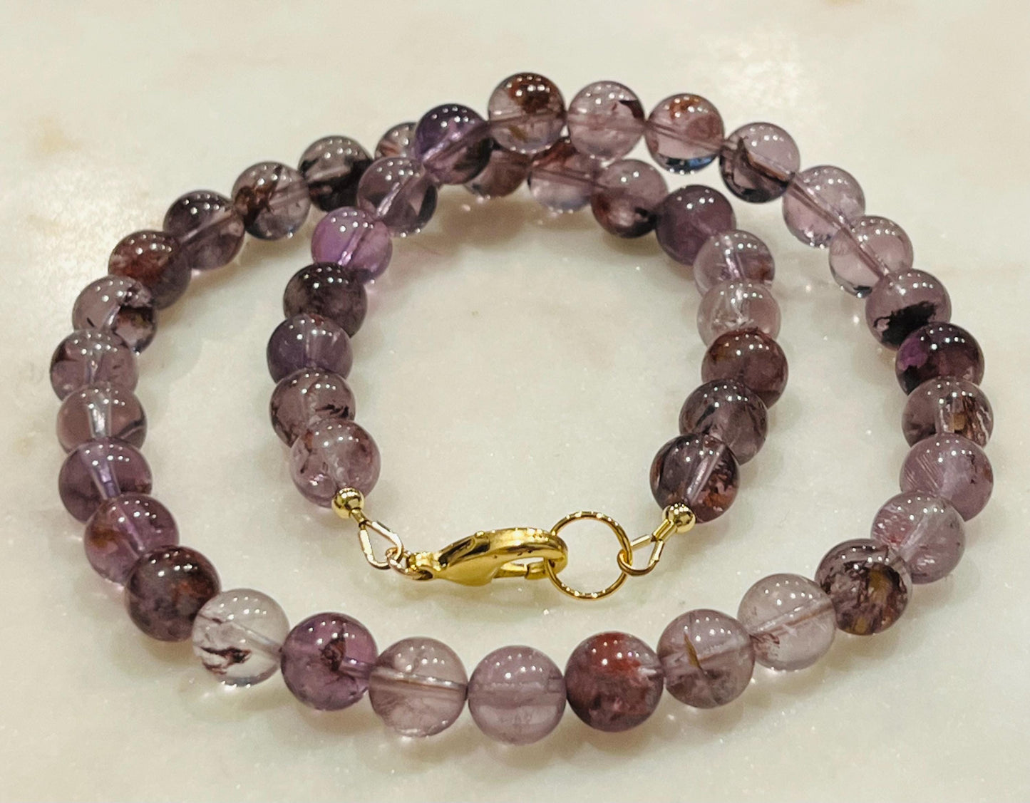 Amethyst Beaded Necklace Super 7 Cacoxenite Purple Phantom Beaded Necklace 18k Gold Filled Clasp Natural Semi-Precious Gemstone Necklace