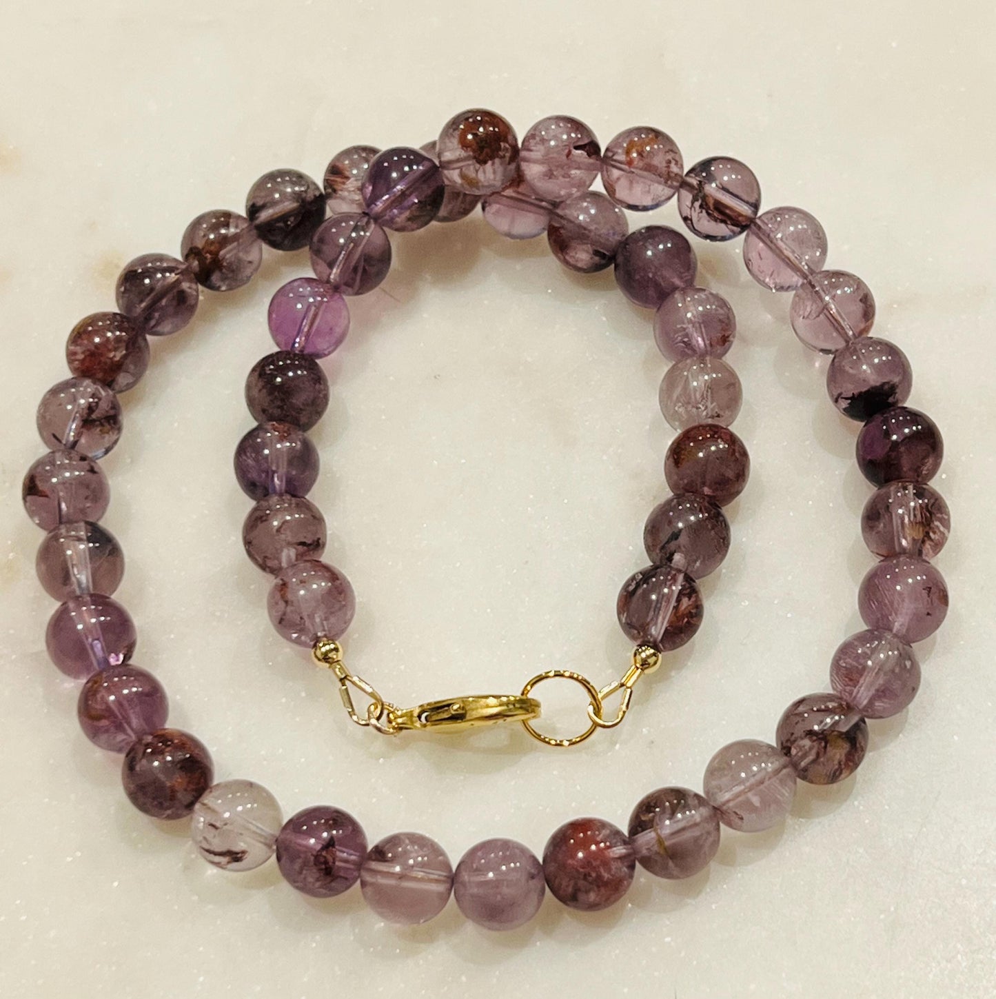 Amethyst Beaded Necklace Super 7 Cacoxenite Purple Phantom Beaded Necklace 18k Gold Filled Clasp Natural Semi-Precious Gemstone Necklace