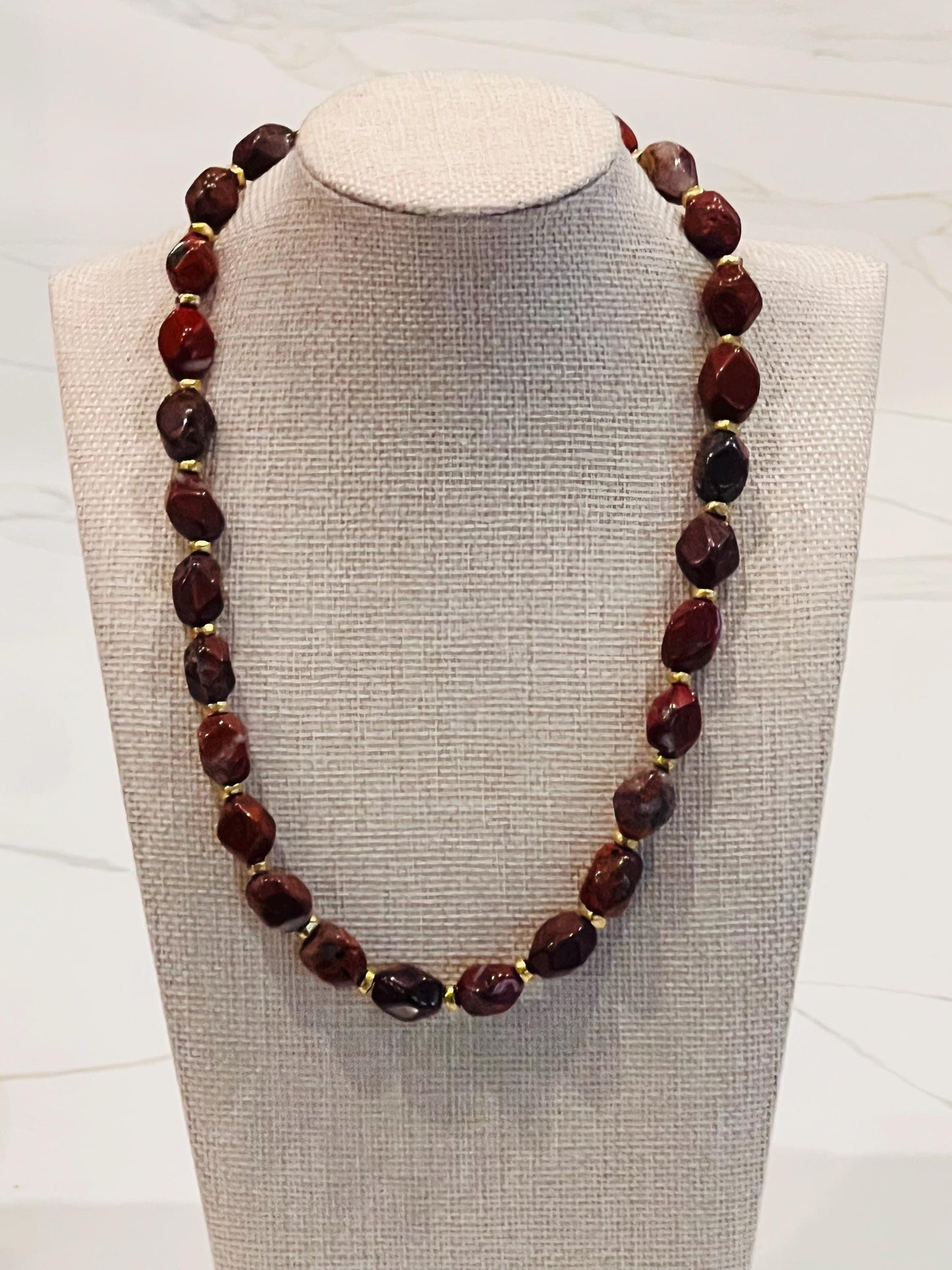 Red Jasper Beaded Necklace Large Faceted Beads Semi-Precious Beaded Necklace Large Red Poppy Stones with Gold Plated Pewter Easy Toggle