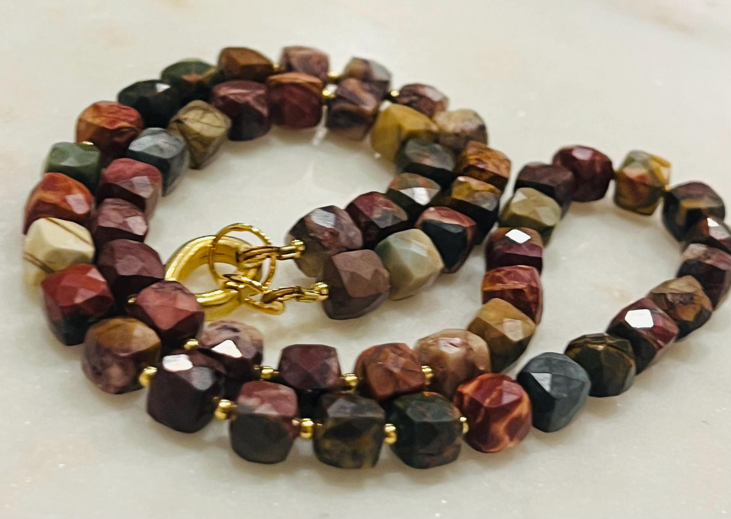 Red Creek Jasper Beaded Necklace Gold Plated Spring Carabiner Clasp Natural Semi-Precious Gemstones Necklace 7mm Cubed Faceted Jasper Stones
