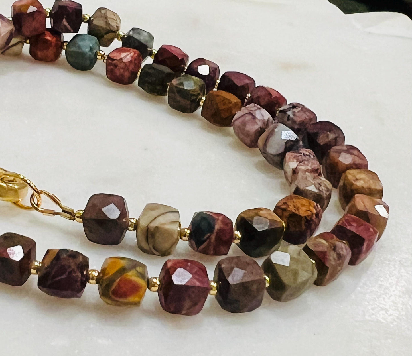 Red Creek Jasper Beaded Necklace Gold Plated Spring Carabiner Clasp Natural Semi-Precious Gemstones Necklace 7mm Cubed Faceted Jasper Stones