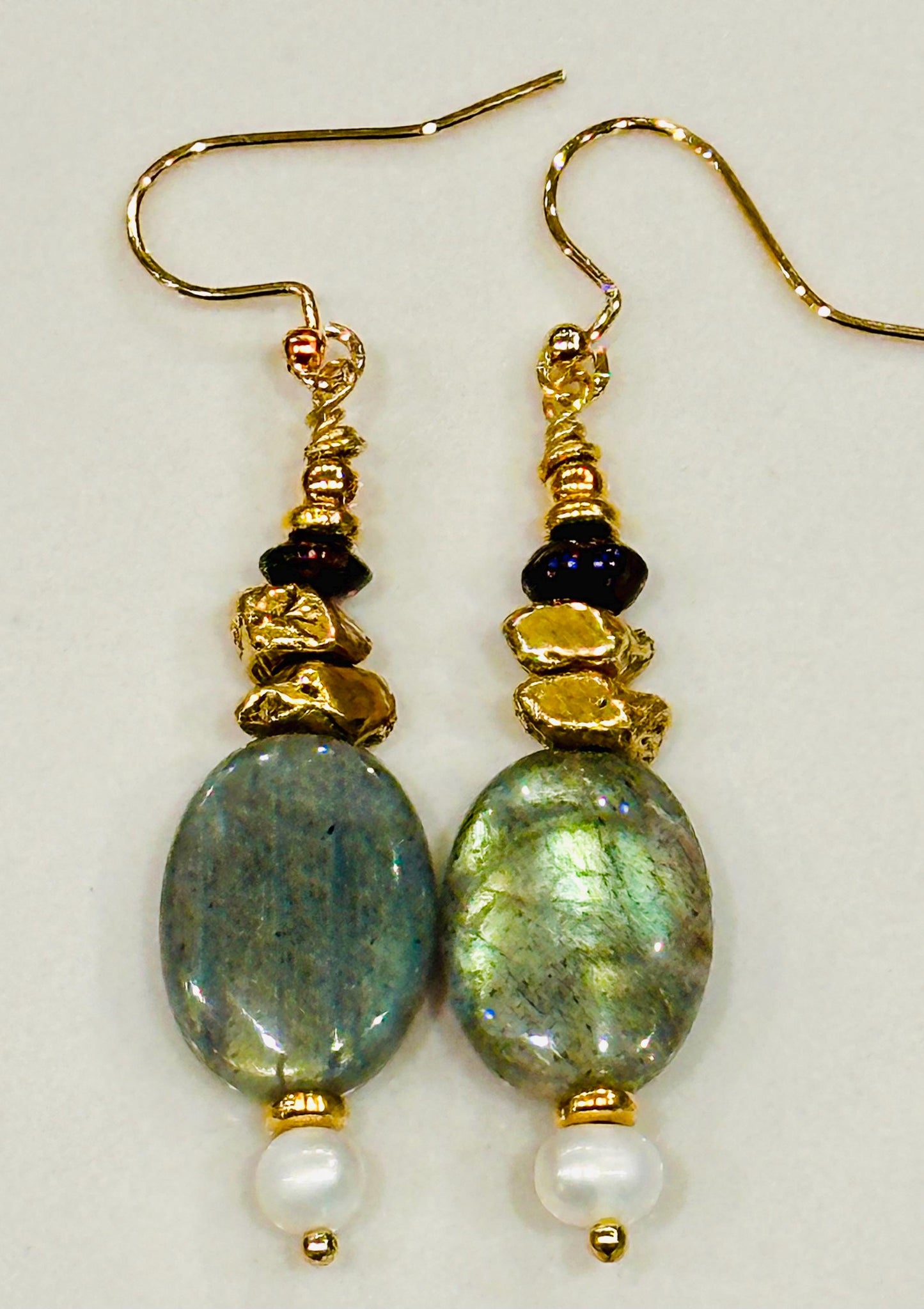 Labradorite Earrings Drop Gold Garnet Pearl Earrings Red Grey Pearl Beaded Bohemian Earrings Round Drop Earrings 2.5 inch Drop