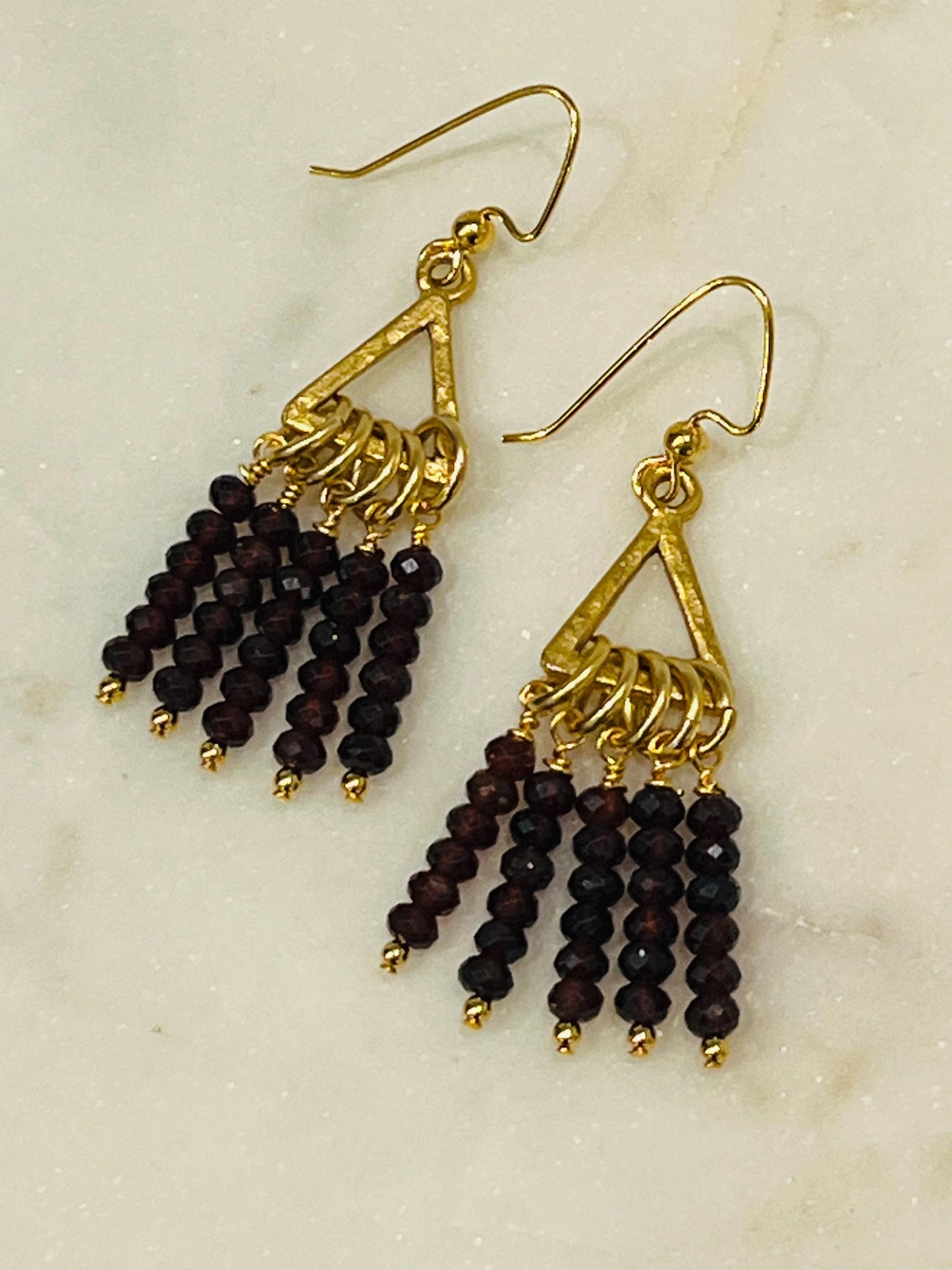 Red Garnet Beaded Earrings Deep Red and Gold Earrings 2 inch Drop Earrings Gold Plated Pewter Triangle with Dangling Deep Red Garnet Beads