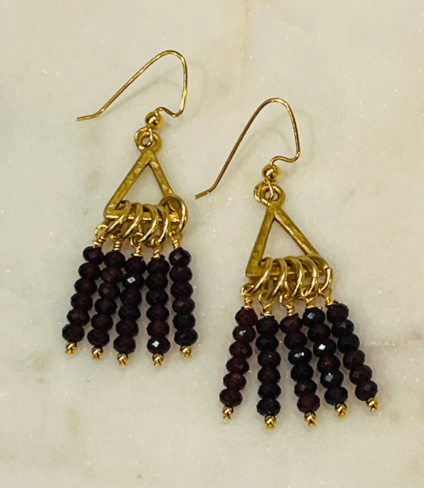 Red Garnet Beaded Earrings Deep Red and Gold Earrings 2 inch Drop Earrings Gold Plated Pewter Triangle with Dangling Deep Red Garnet Beads