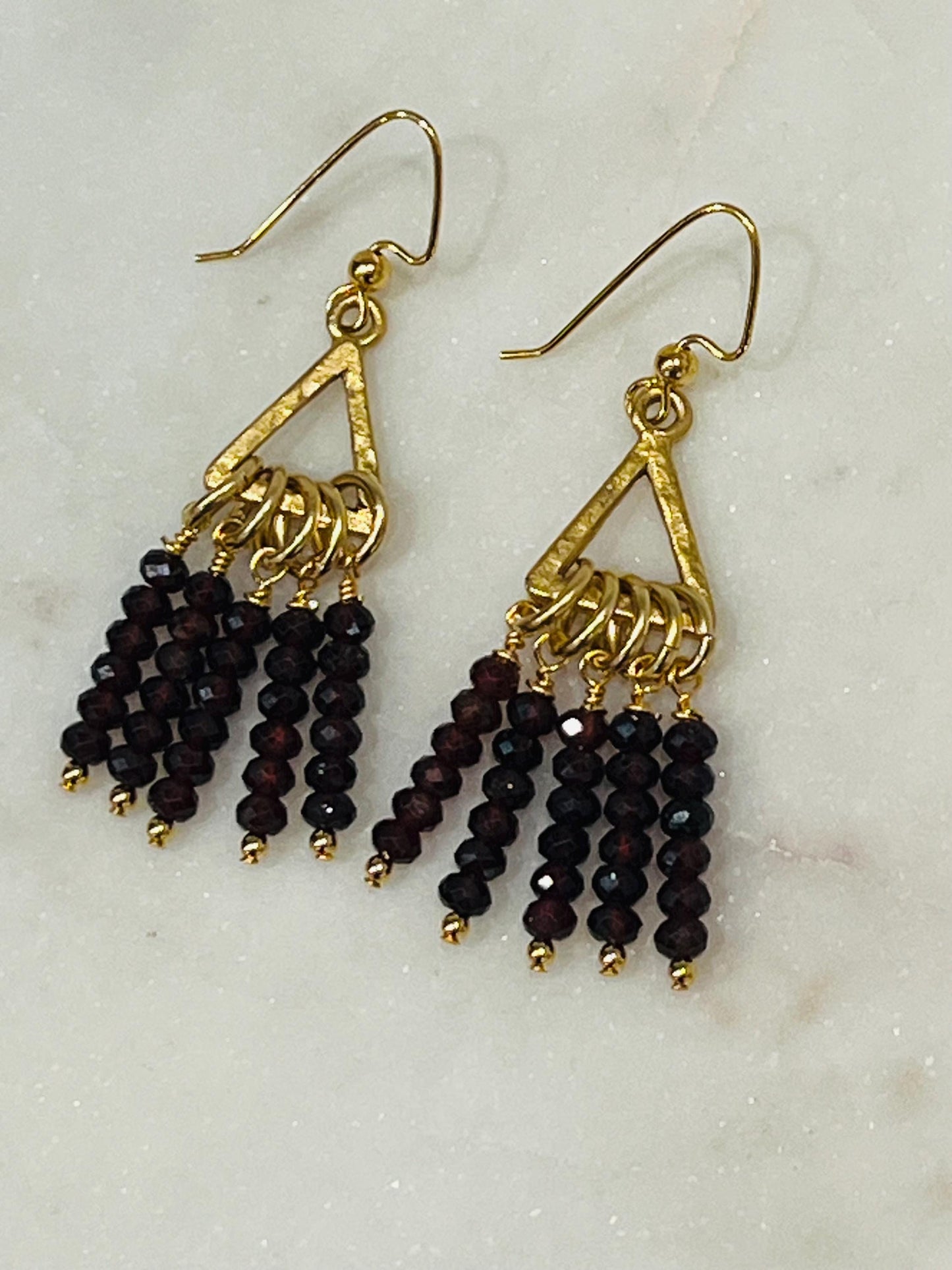 Red Garnet Beaded Earrings Deep Red and Gold Earrings 2 inch Drop Earrings Gold Plated Pewter Triangle with Dangling Deep Red Garnet Beads