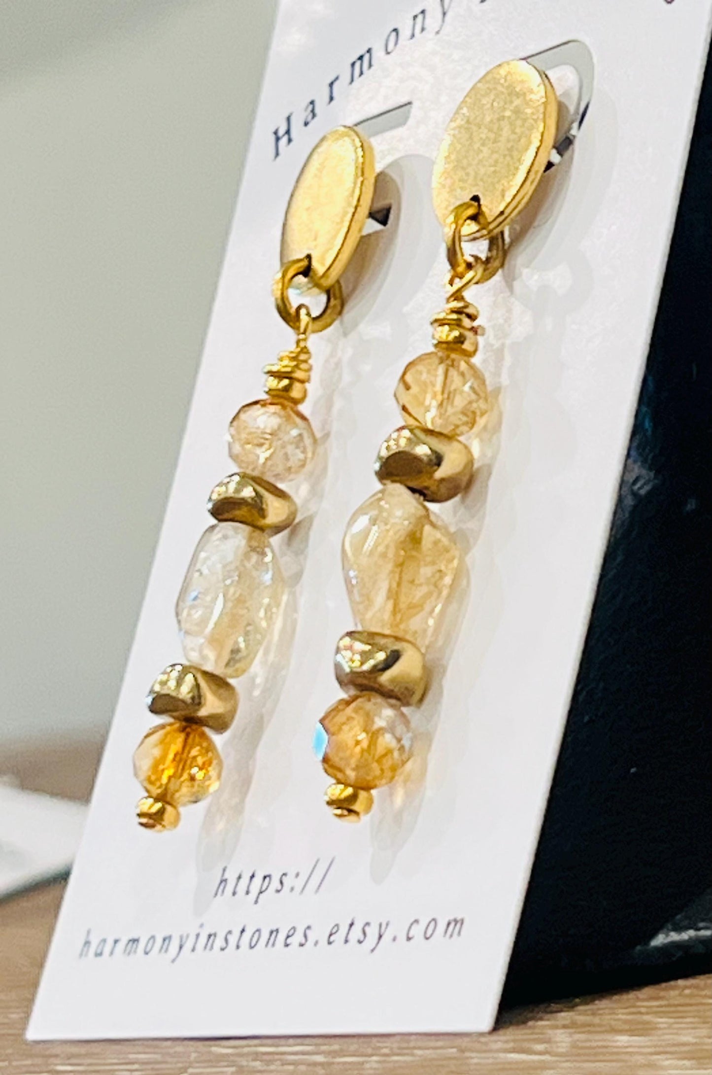 Citrine Beaded Earrings Yellow and Gold Earrings 2 in Non-tarnish Gold Plated Pewter Post Drop Earrings Sparkling Citrine Faceted Stones