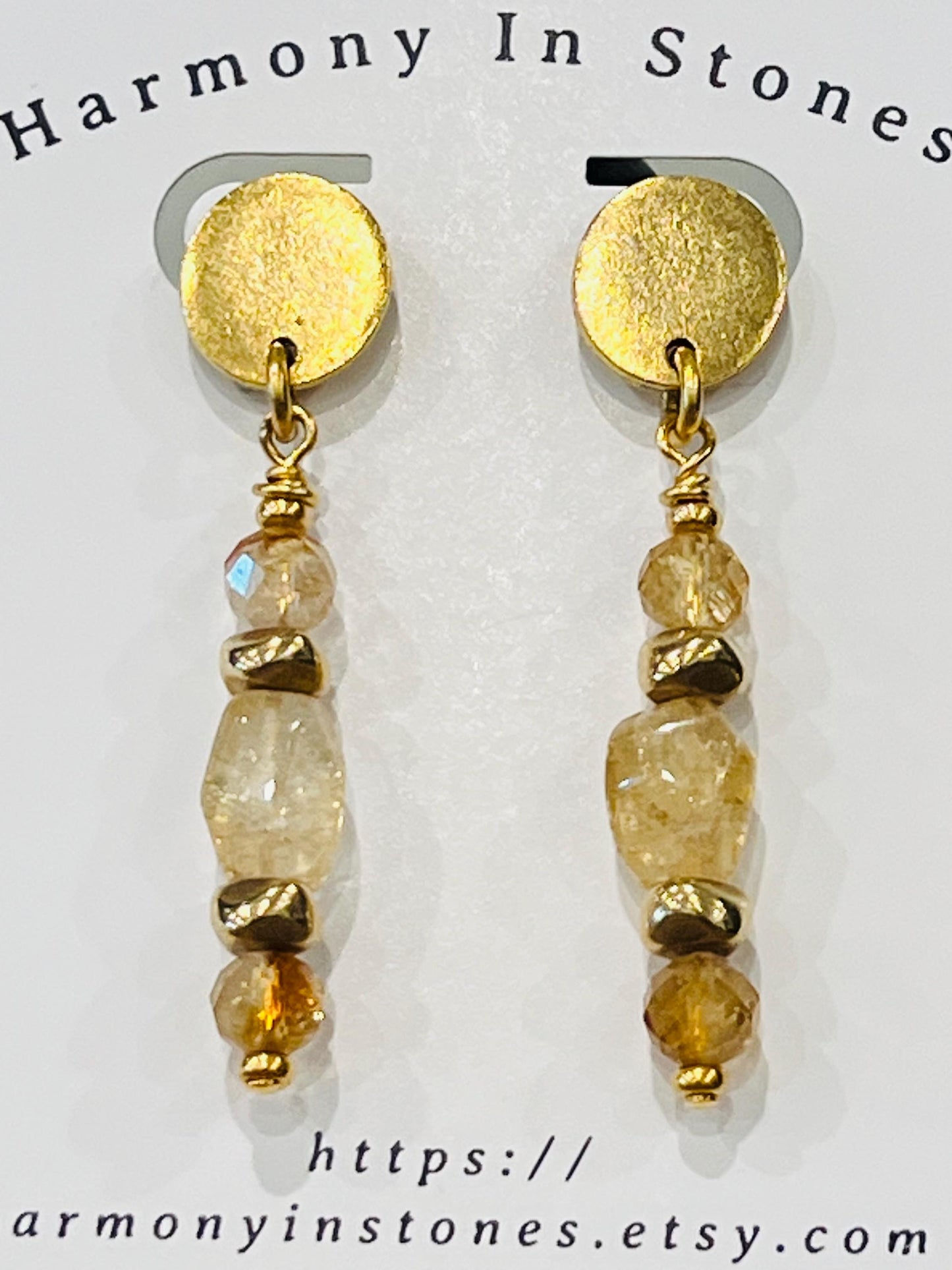 Citrine Beaded Earrings Yellow and Gold Earrings 2 in Non-tarnish Gold Plated Pewter Post Drop Earrings Sparkling Citrine Faceted Stones