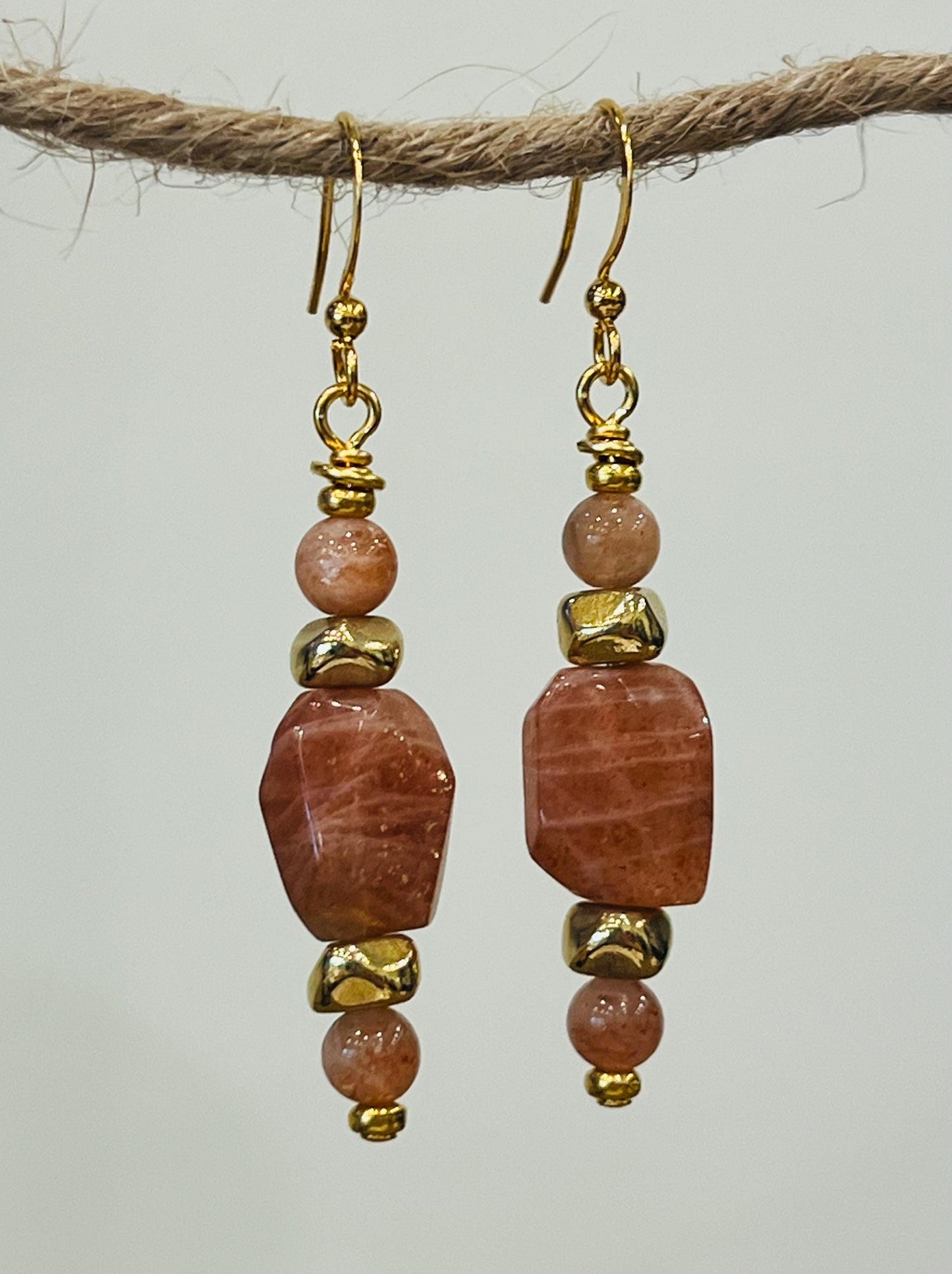 Sunstone Beaded Earrings Sparkling Sunstone Faceted Drop Earrings 2.25 inch Sunstone and Gold Drop Earrings