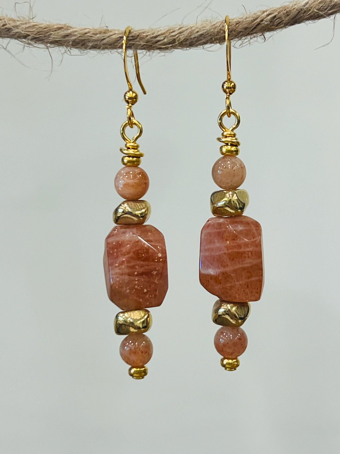 Sunstone Beaded Earrings Sparkling Sunstone Faceted Drop Earrings 2.25 inch Sunstone and Gold Drop Earrings