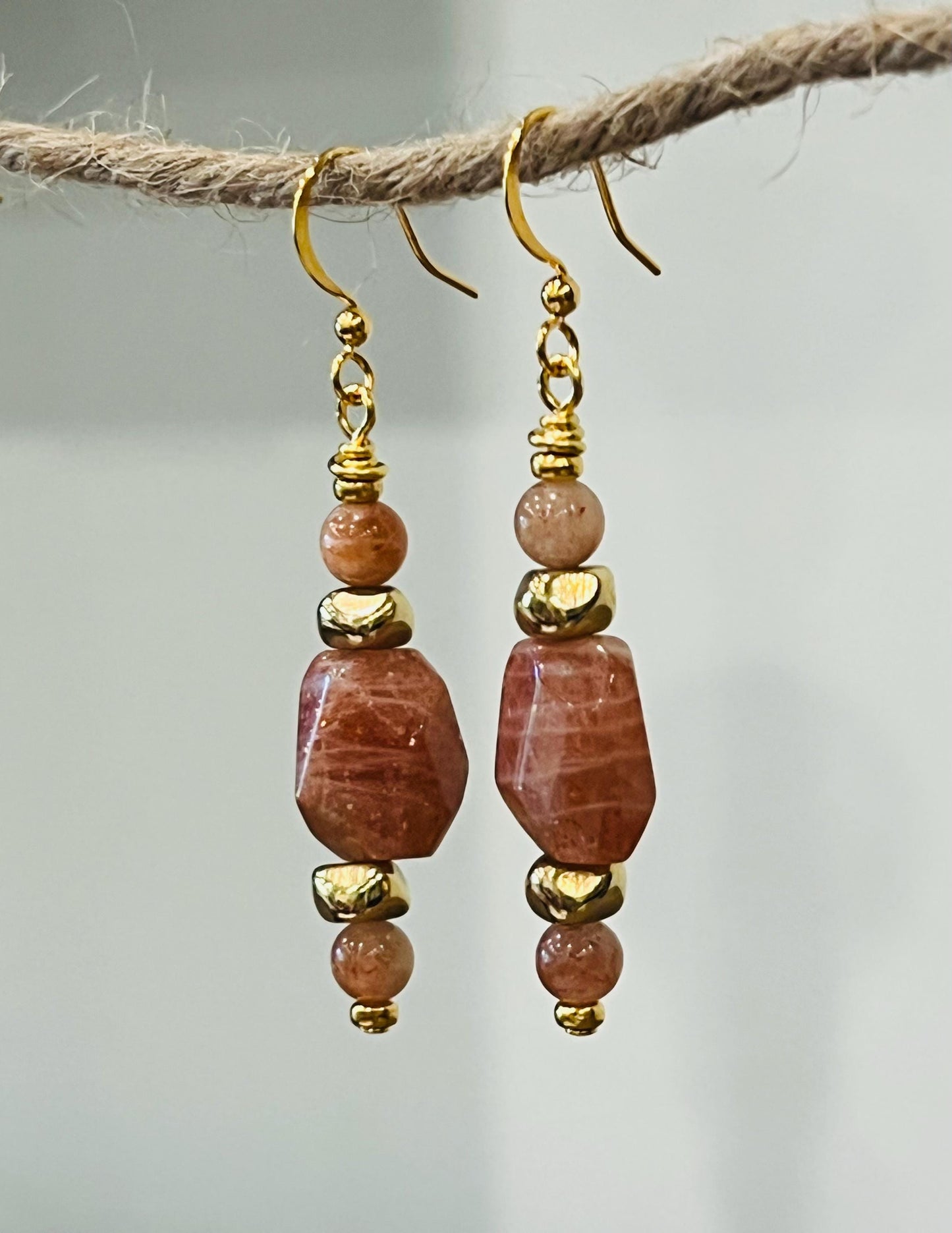 Sunstone Beaded Earrings Sparkling Sunstone Faceted Drop Earrings 2.25 inch Sunstone and Gold Drop Earrings