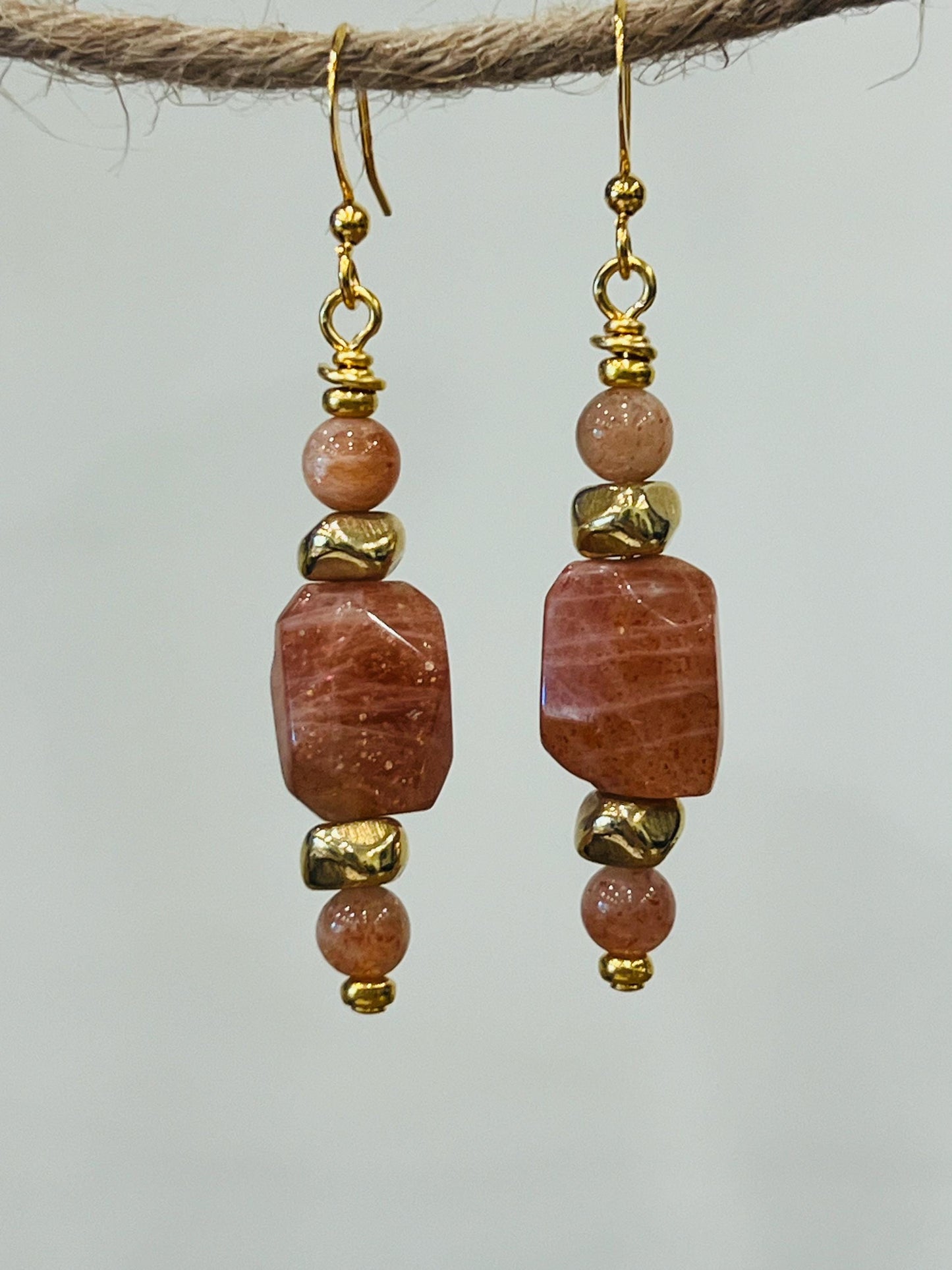 Sunstone Beaded Earrings Sparkling Sunstone Faceted Drop Earrings 2.25 inch Sunstone and Gold Drop Earrings