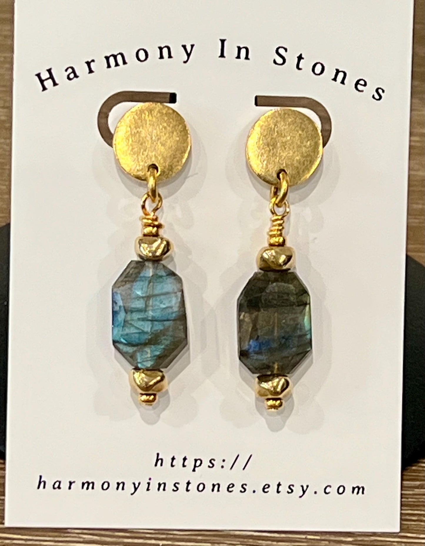 Labradorite Beaded Earrings Non-tarnish Gold Plated Pewter Post Drop Earrings Faceted Stones Faceted Labradorite 2 inches in Length