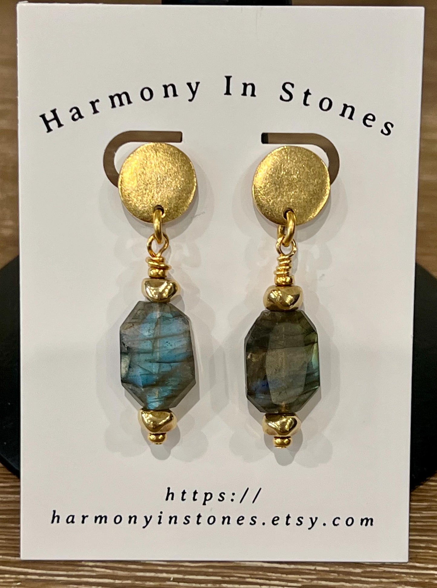 Labradorite Beaded Earrings Non-tarnish Gold Plated Pewter Post Drop Earrings Faceted Stones Faceted Labradorite 2 inches in Length