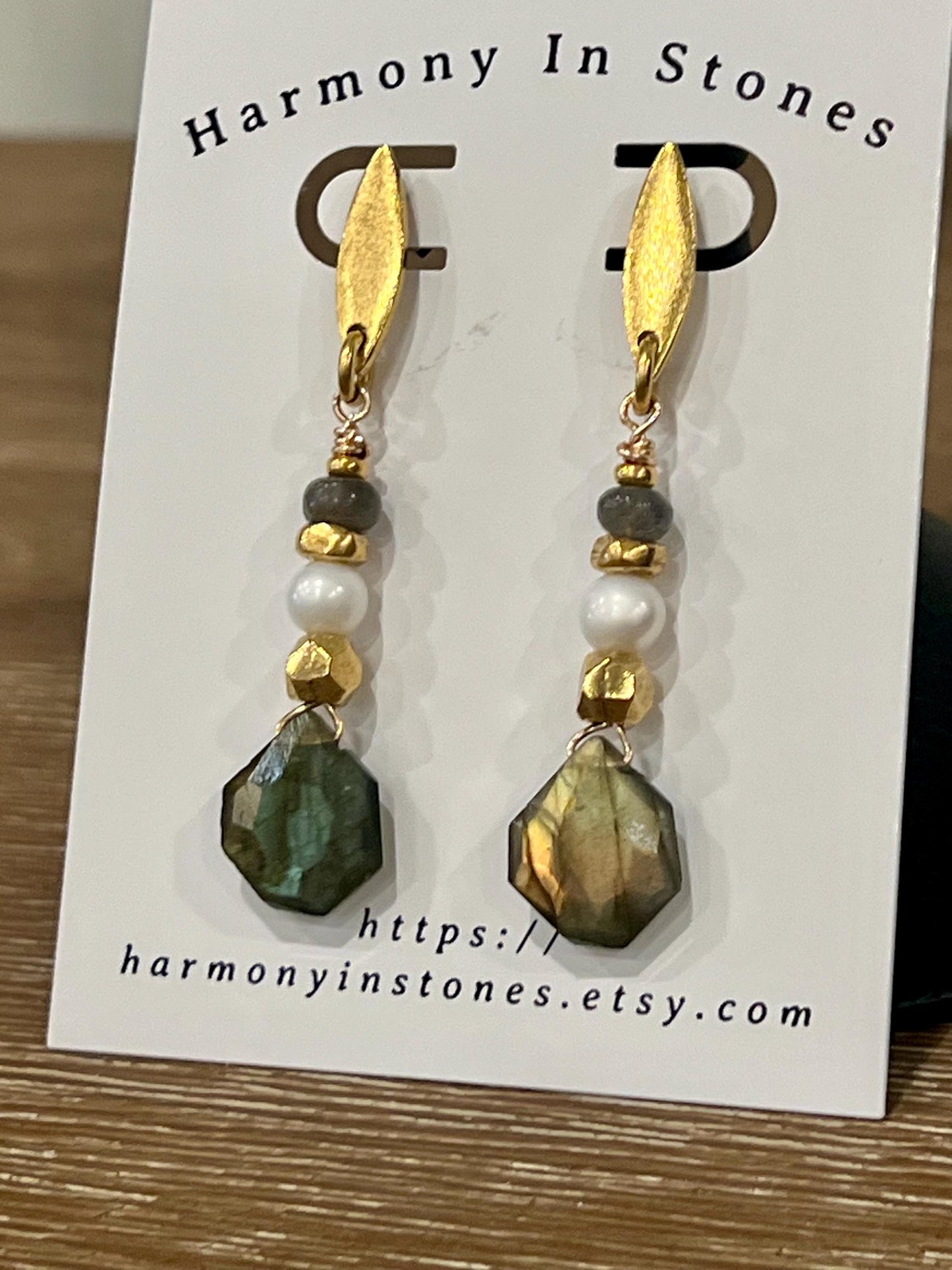 Labradorite and Pearl Beaded Earrings Non-tarnish Gold Plated Pewter Post Drop Earrings Labradorite Faceted Stones Drop Earrings 2.25