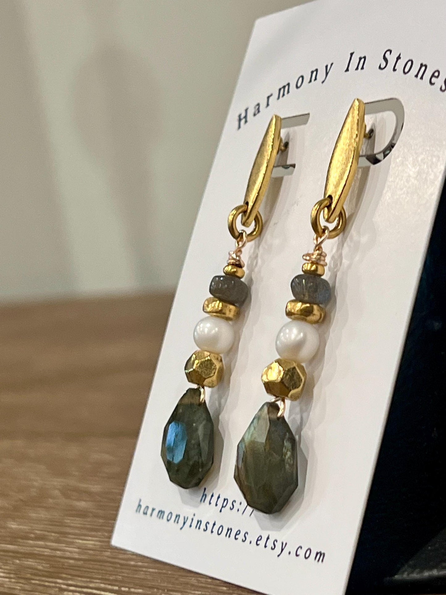 Labradorite and Pearl Beaded Earrings Non-tarnish Gold Plated Pewter Post Drop Earrings Labradorite Faceted Stones Drop Earrings 2.25