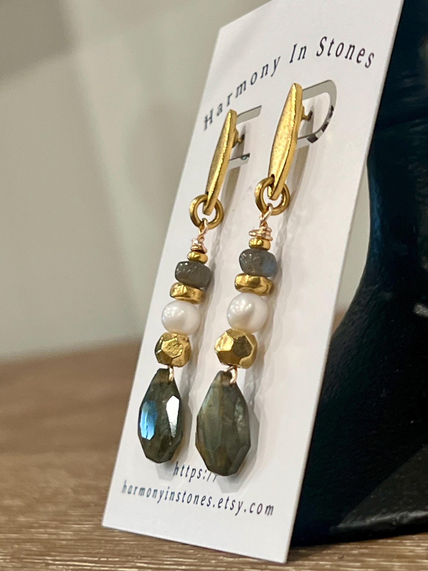 Labradorite Pearl Drop Earrings: Gold Plated Pewter, Faceted Stone