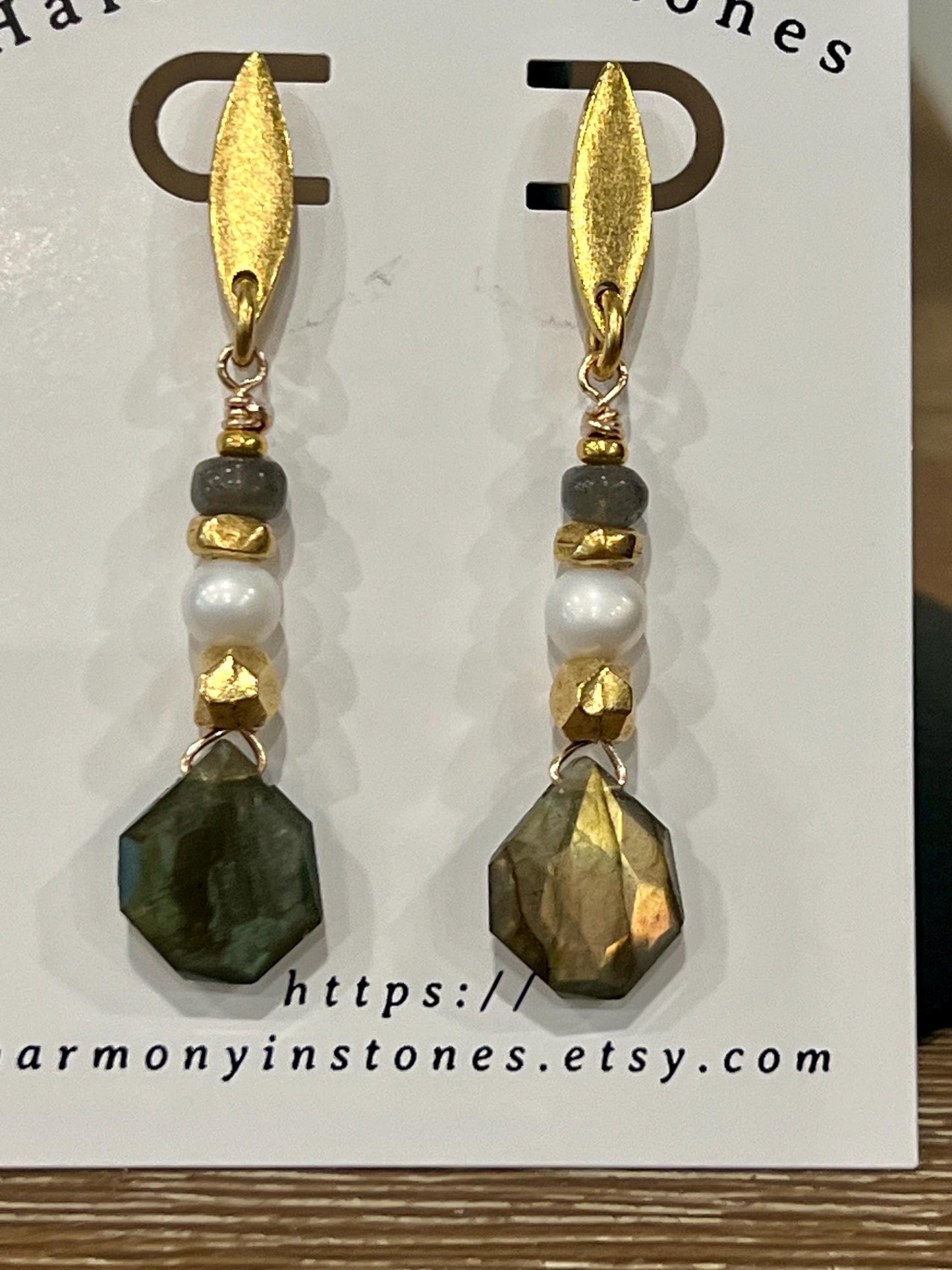 Labradorite and Pearl Beaded Earrings Non-tarnish Gold Plated Pewter Post Drop Earrings Labradorite Faceted Stones Drop Earrings 2.25