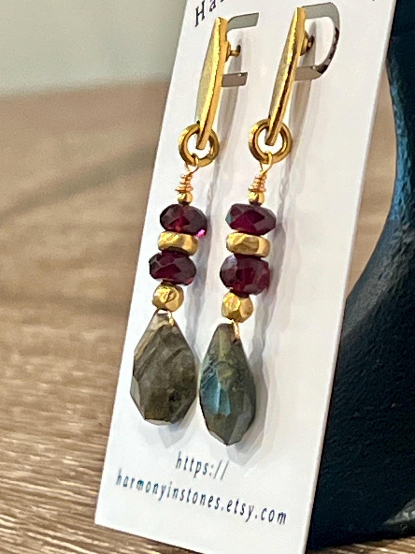 Labradorite and Garnet Beaded Earrings Non-tarnish Gold Plated Pewter Post Drop Earrings Deep Red Garnet Stones Faceted Labradorite