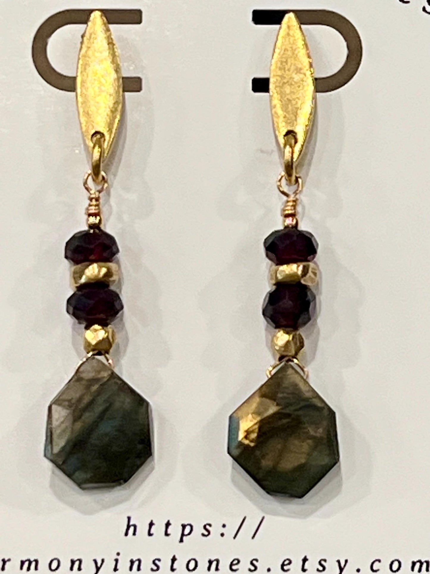 Labradorite and Garnet Beaded Earrings Non-tarnish Gold Plated Pewter Post Drop Earrings Deep Red Garnet Stones Faceted Labradorite