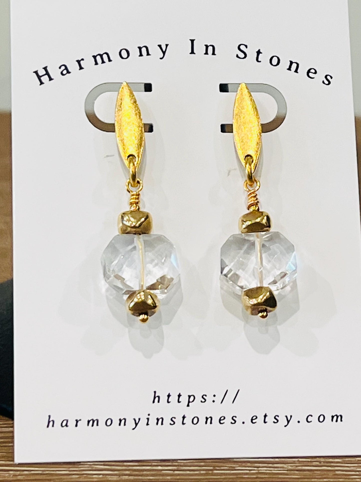 Clear Quartz Beaded Earrings Quartz Faceted Drop Earrings 1.75inch Gold Plated Pewter Post Drop Earrings Navette Shaped Post