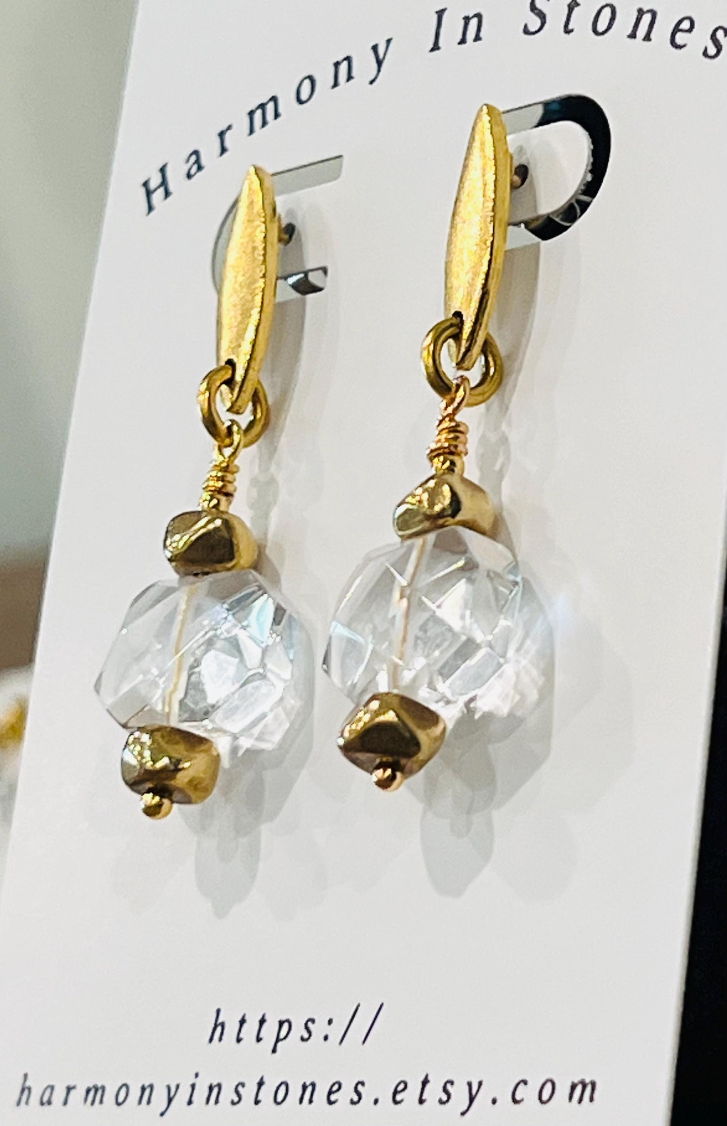 Clear Quartz Beaded Earrings Quartz Faceted Drop Earrings 1.75inch Gold Plated Pewter Post Drop Earrings Navette Shaped Post