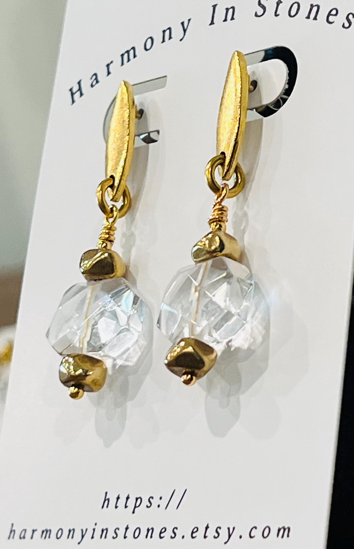 Clear Quartz Drop Earrings: Gold Plated Pewter, Faceted Crystal