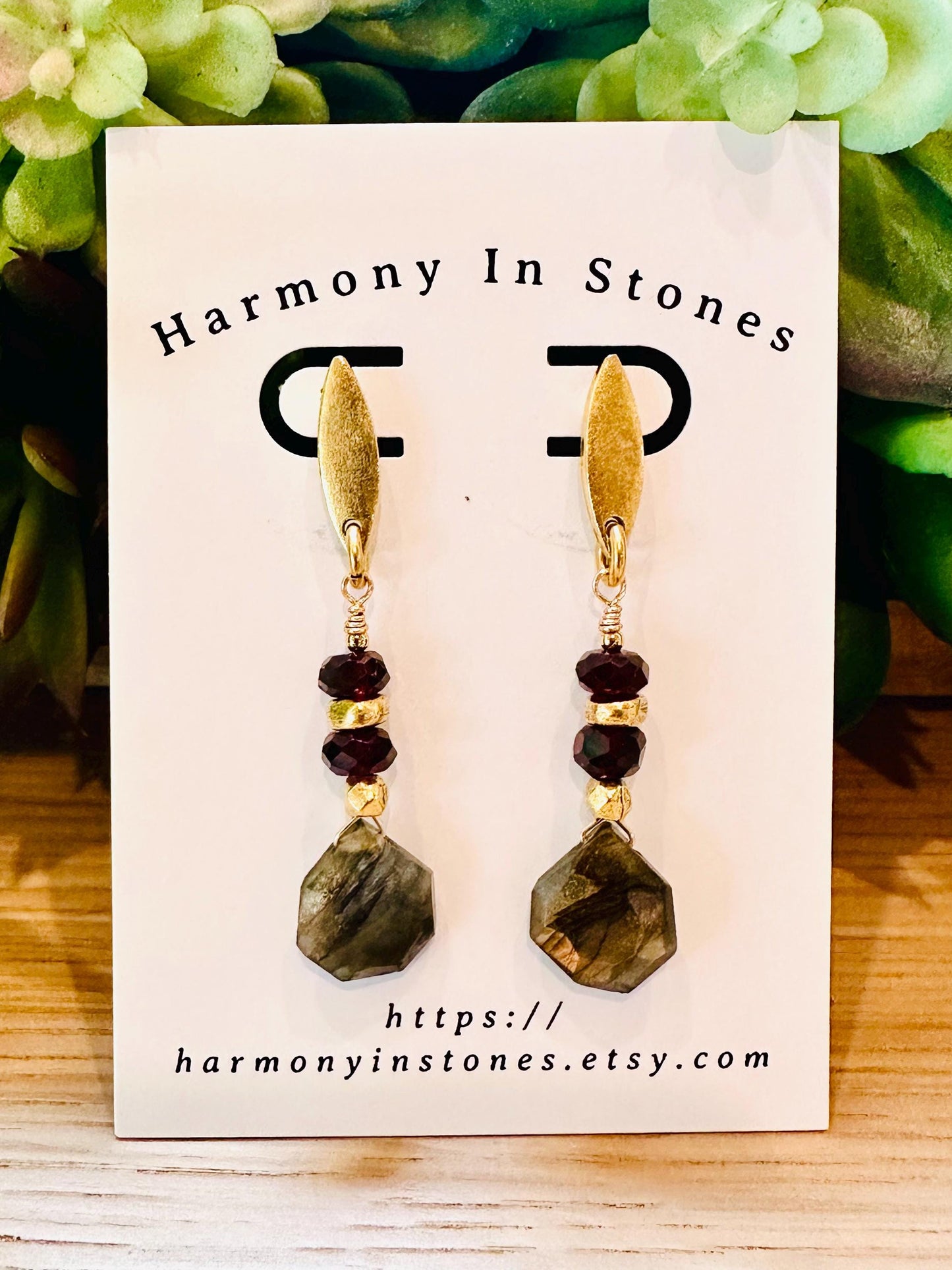 Labradorite and Garnet Beaded Earrings Non-tarnish Gold Plated Pewter Post Drop Earrings Deep Red Garnet Stones Faceted Labradorite
