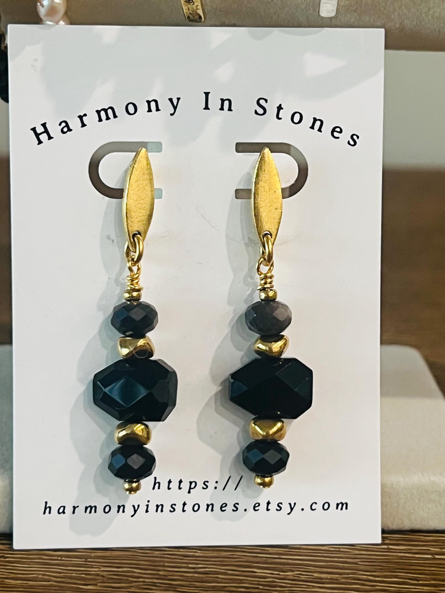 Black Obsidian and Gold Drop Earrings 2.25 inches in Length Faceted Black Obsidian Non-Tarnish Gold Plated Pewter Navette Posts