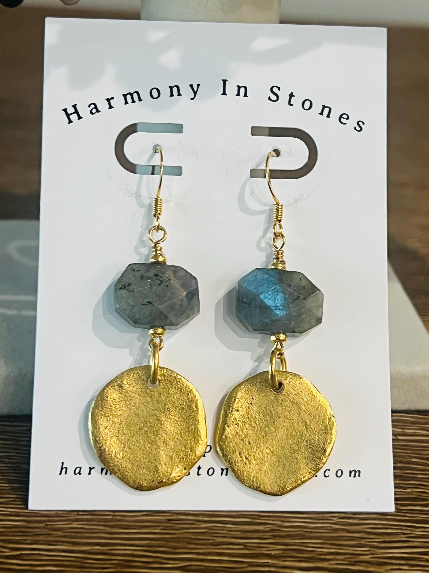 Labradorite and Gold Coin Earrings 2.5 inches in Length Faceted Labradorite Bohemian Drop Earrings