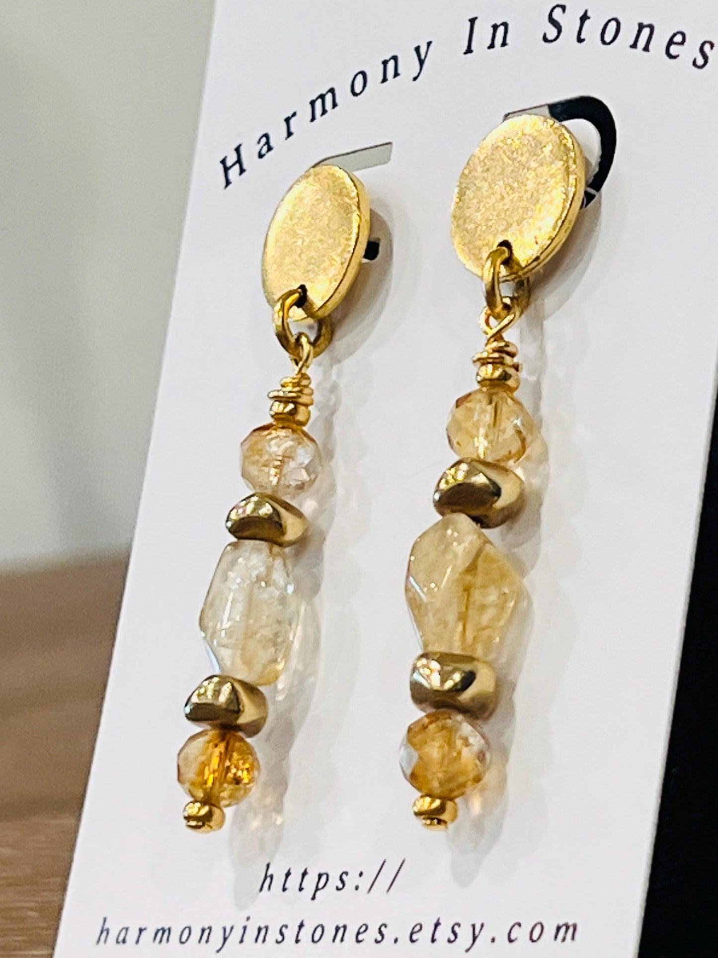 Citrine Beaded Earrings Yellow and Gold Earrings 2 in Non-tarnish Gold Plated Pewter Post Drop Earrings Sparkling Citrine Faceted Stones