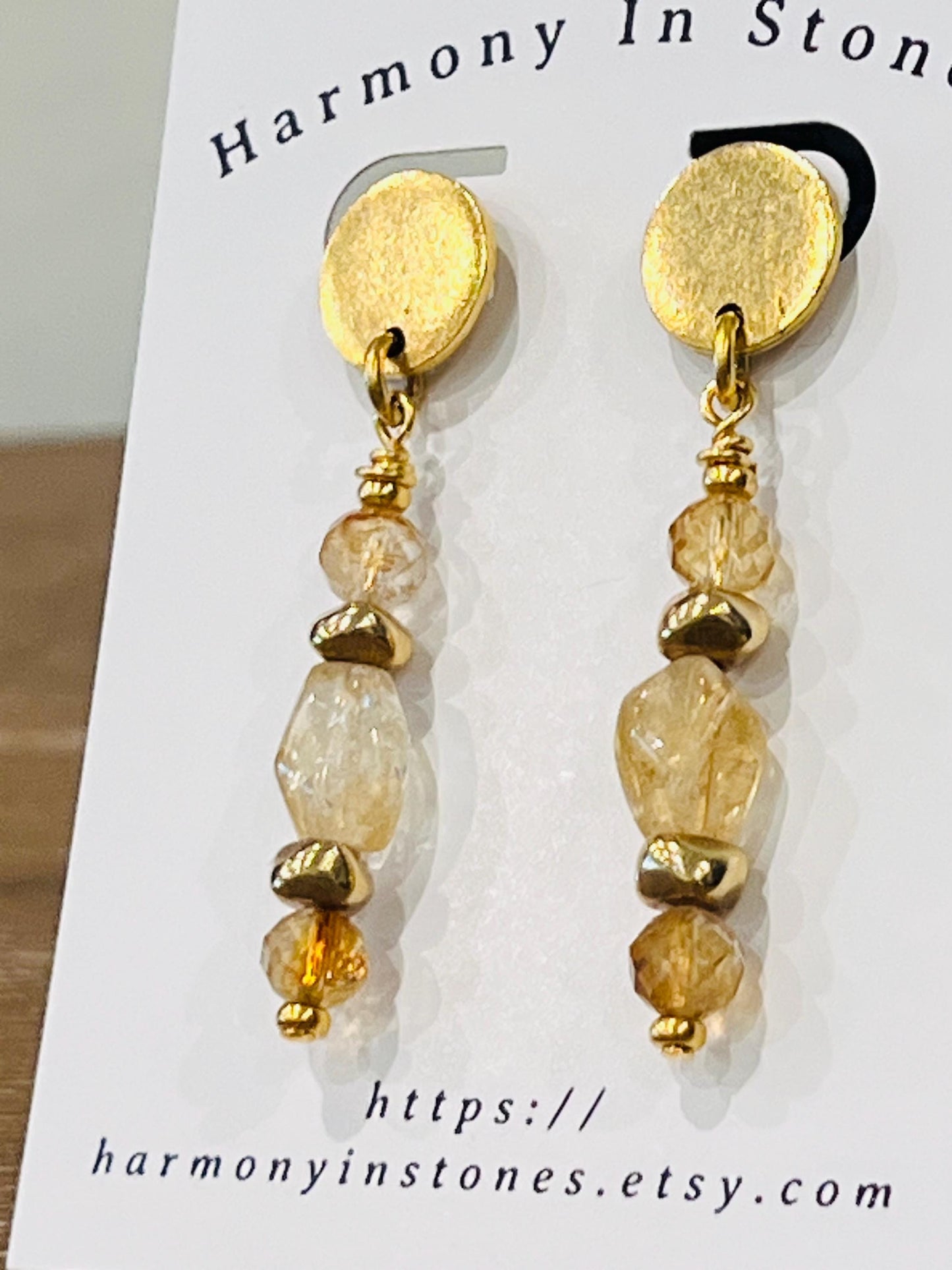 Citrine Beaded Earrings Yellow and Gold Earrings 2 in Non-tarnish Gold Plated Pewter Post Drop Earrings Sparkling Citrine Faceted Stones