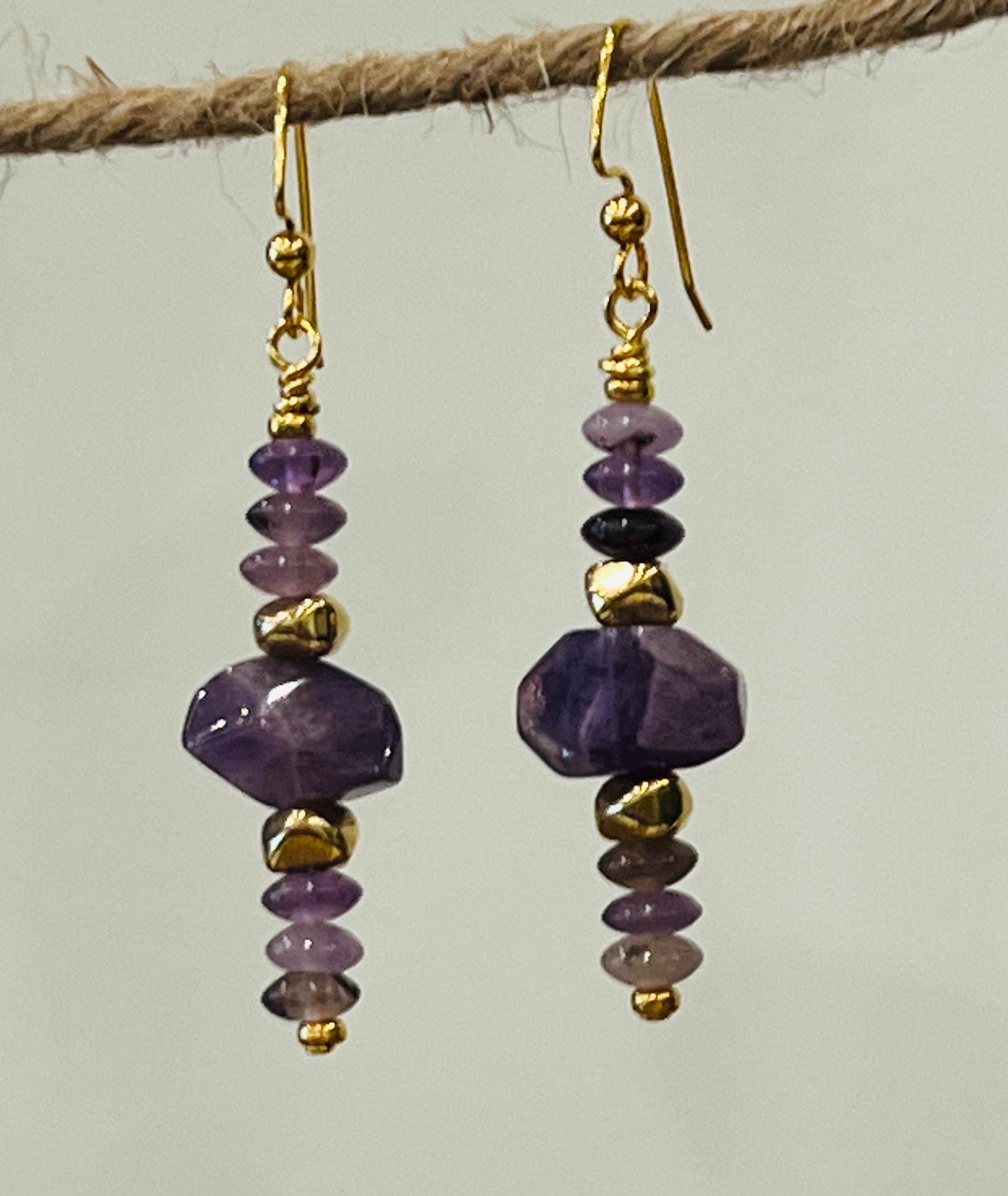 Amethyst Beaded Earrings Purple and Gold Earrings 2.5 inch Non-tarnish Gold Plated Pewter Post Drop Earrings Amethyst Faceted Stones