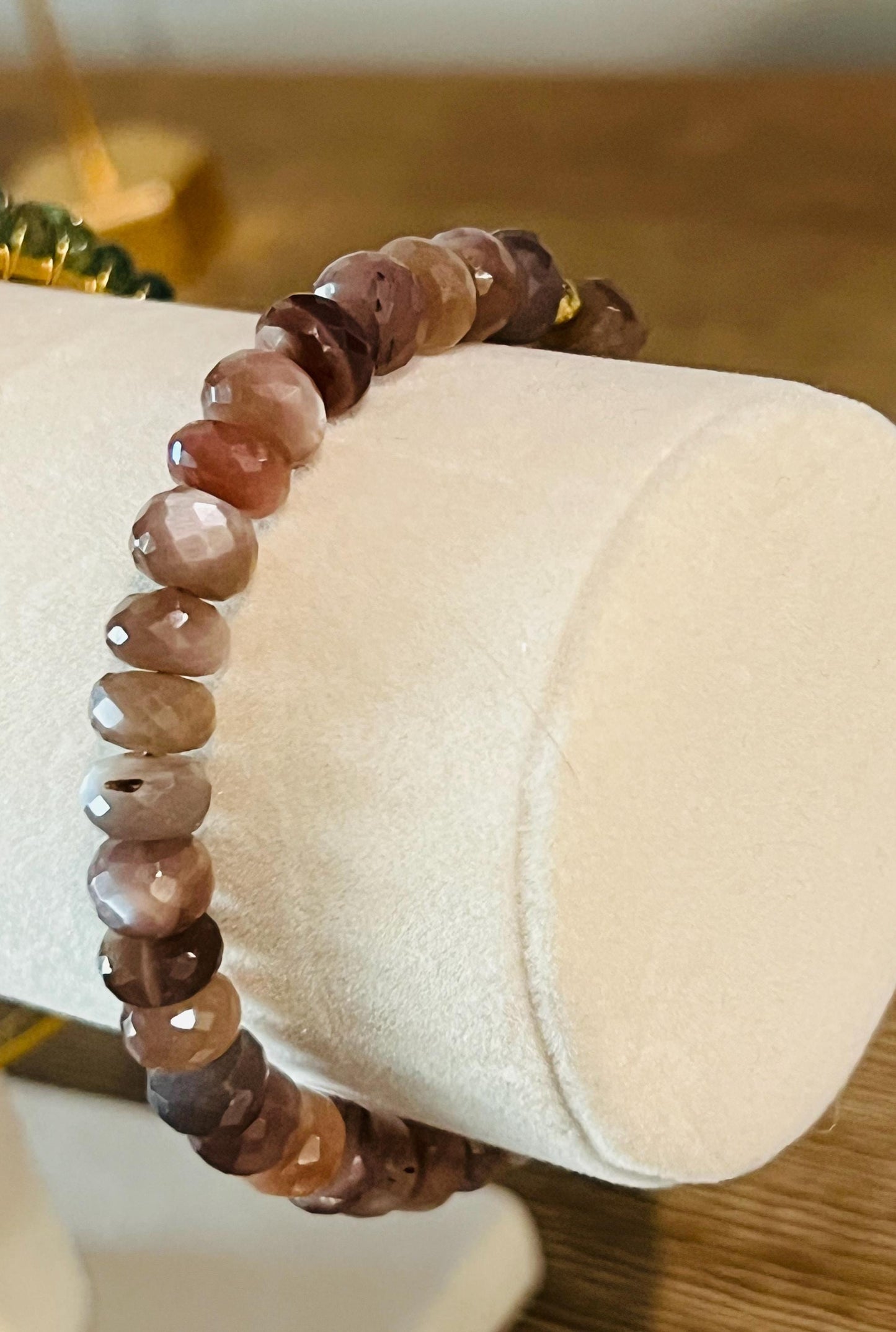 Sparkling Faceted Chocolate Moonstone Bracelet with Non-Tarnish Gold Plated Pewter Clasp and Accent Beads 8mm Rondelle Moonstone Gemstones
