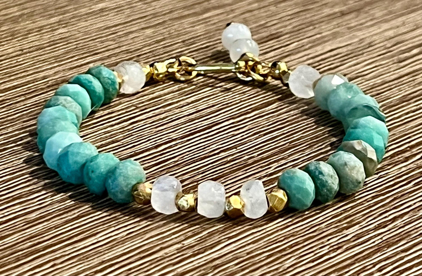 Chrysoprase and Rainbow Moonstone Beaded Bracelet Non-Tarnish Gold Plated Pewter Clasp and Accent Beads Faceted Natural Gemstones